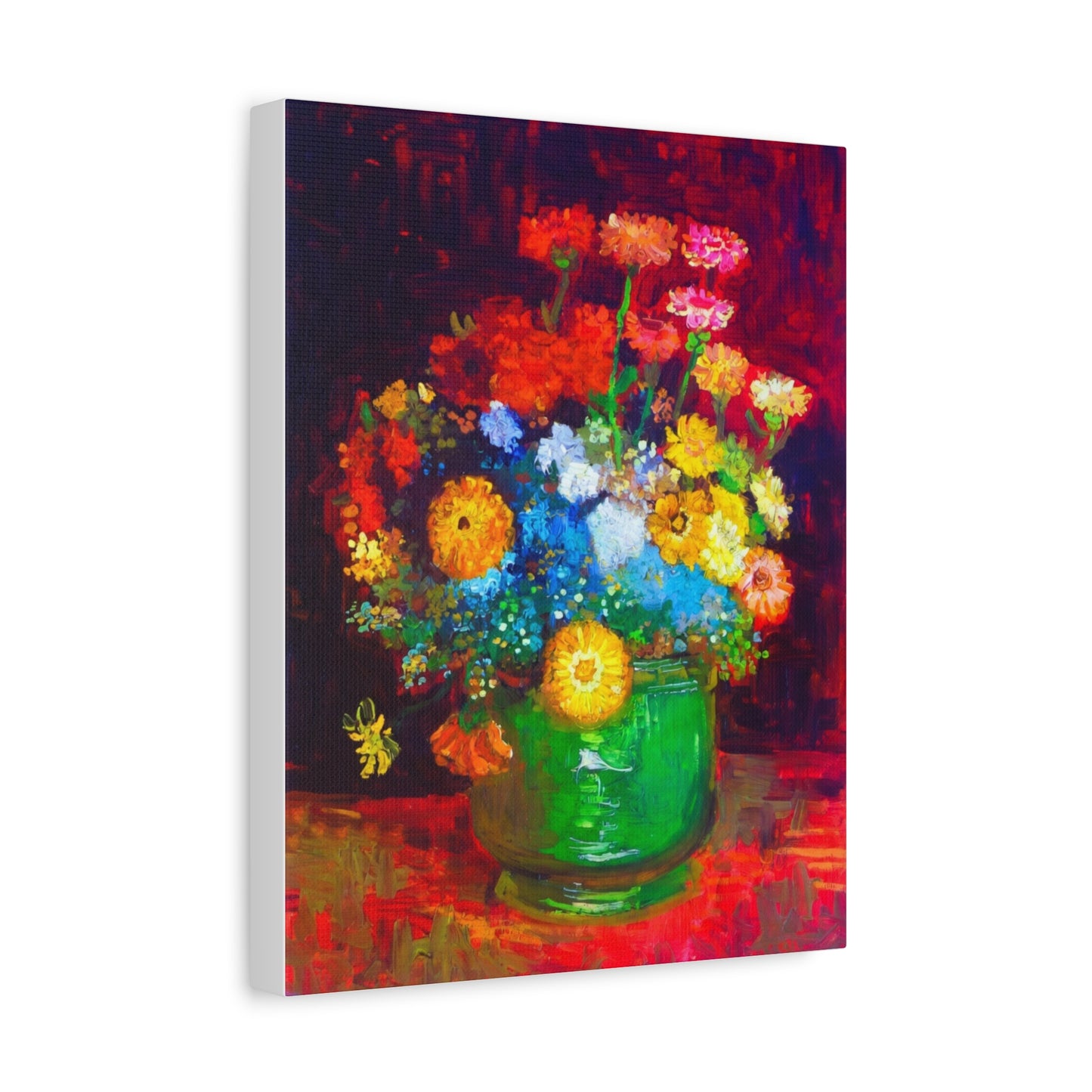 Floral Still Life Canvas Print — Vibrant Bouquet in Green Vase
