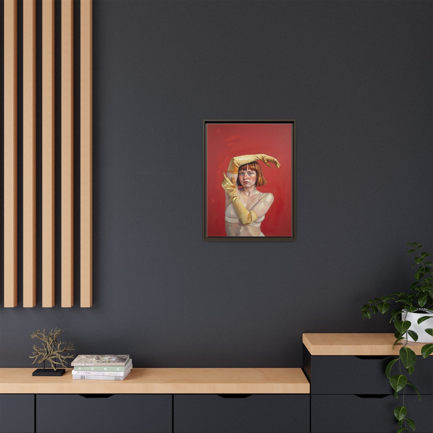 Framed Matte Canvas Art - Portrait of Woman in Yellow Gloves (Red Background)