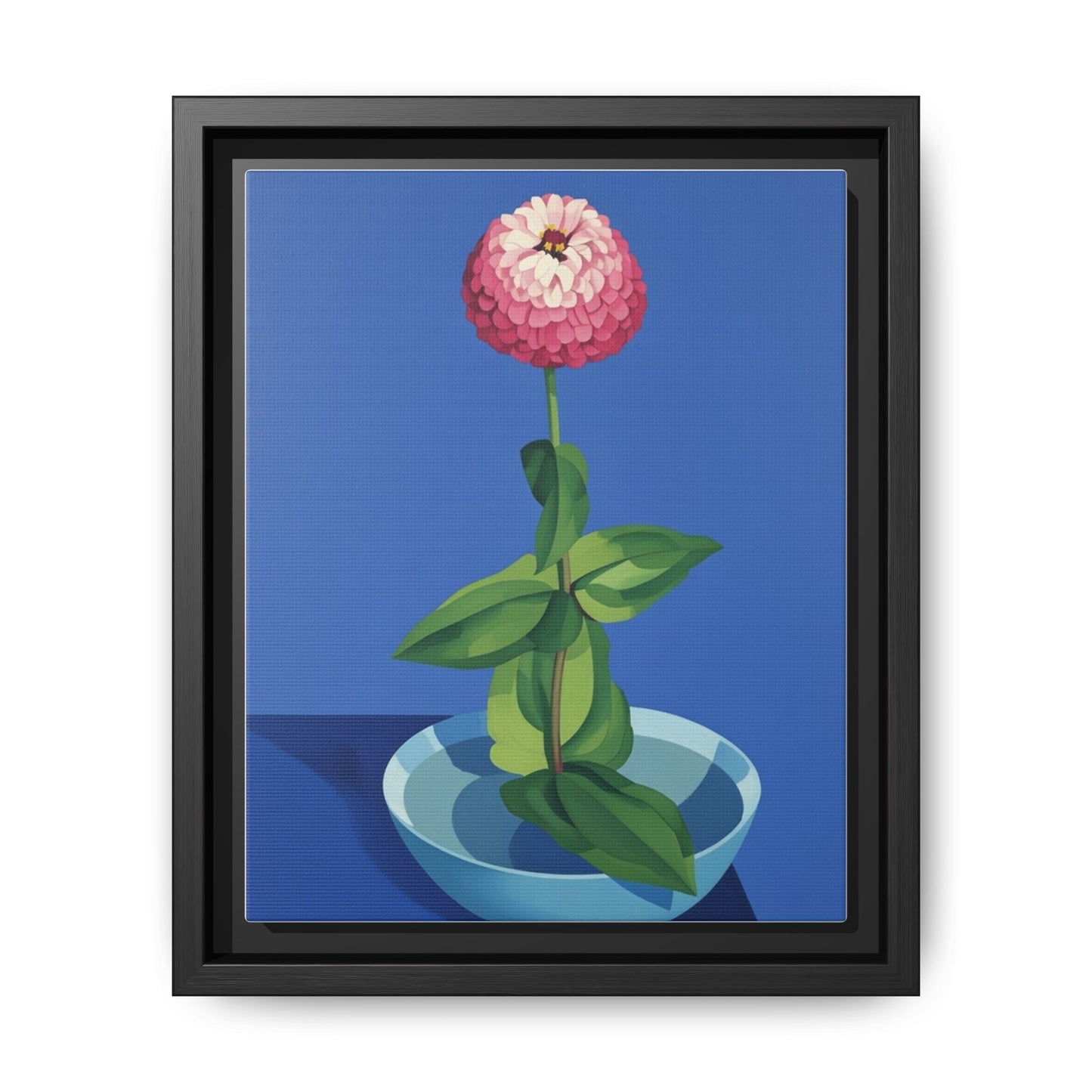 Framed Matte Canvas Art — Pink Zinnia in Blue Bowl (Botanical Still Life)