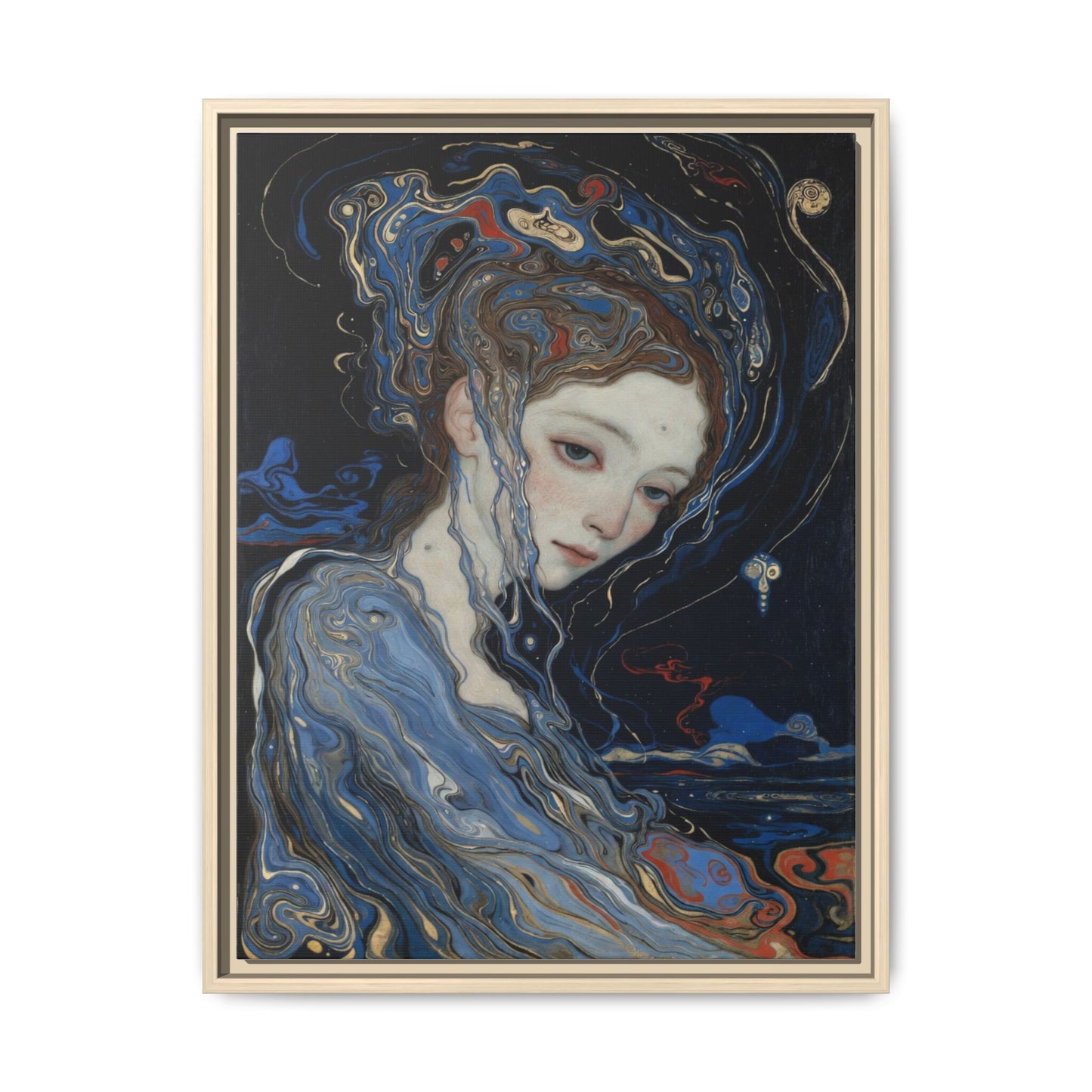 Framed Matte Canvas Art Print — Surreal Blue Maiden Portrait