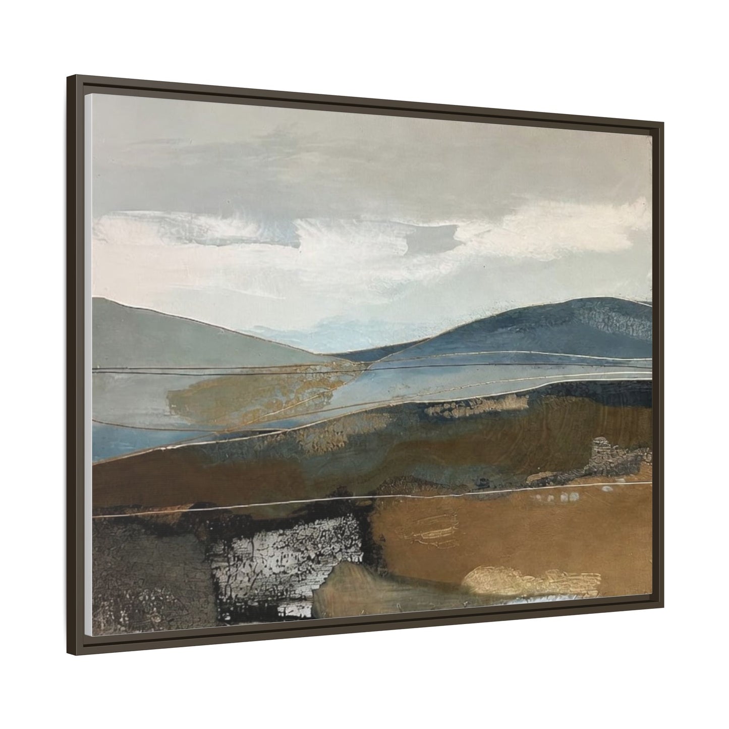 Framed Matte Canvas Landscape Art - Serene Abstract Hills in Blue & Earth Tones
