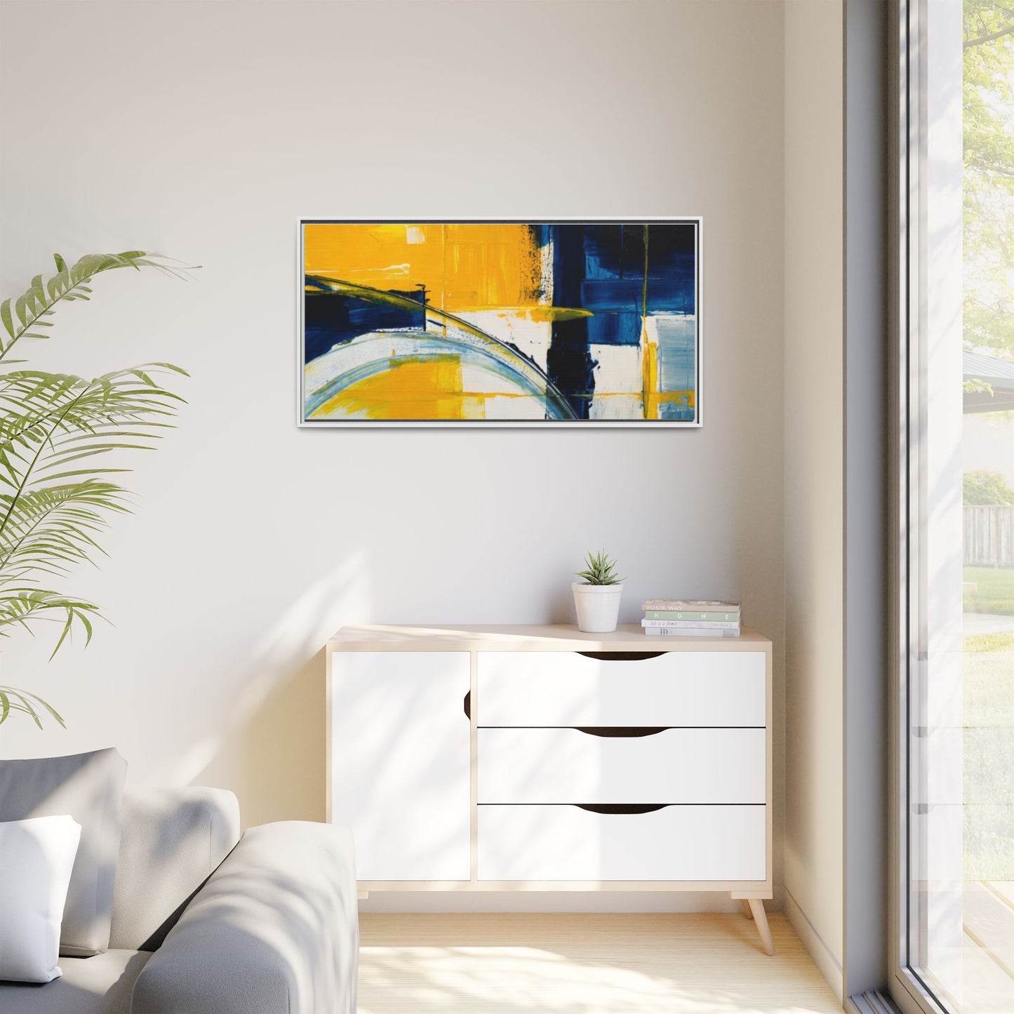 Abstract Yellow & Blue Framed Canvas Wall Art — Modern Matte Canvas Print