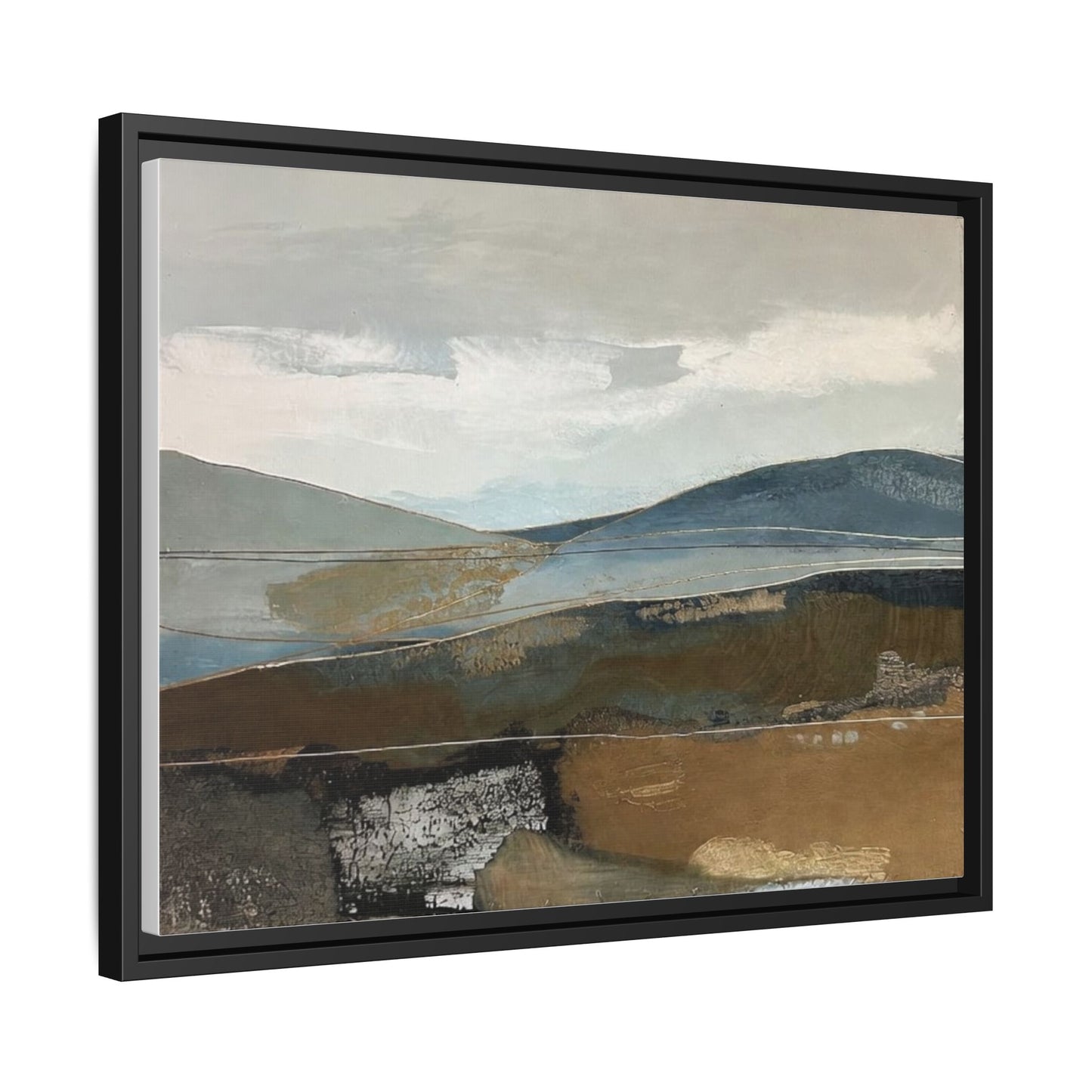 Framed Matte Canvas Landscape Art - Serene Abstract Hills in Blue & Earth Tones