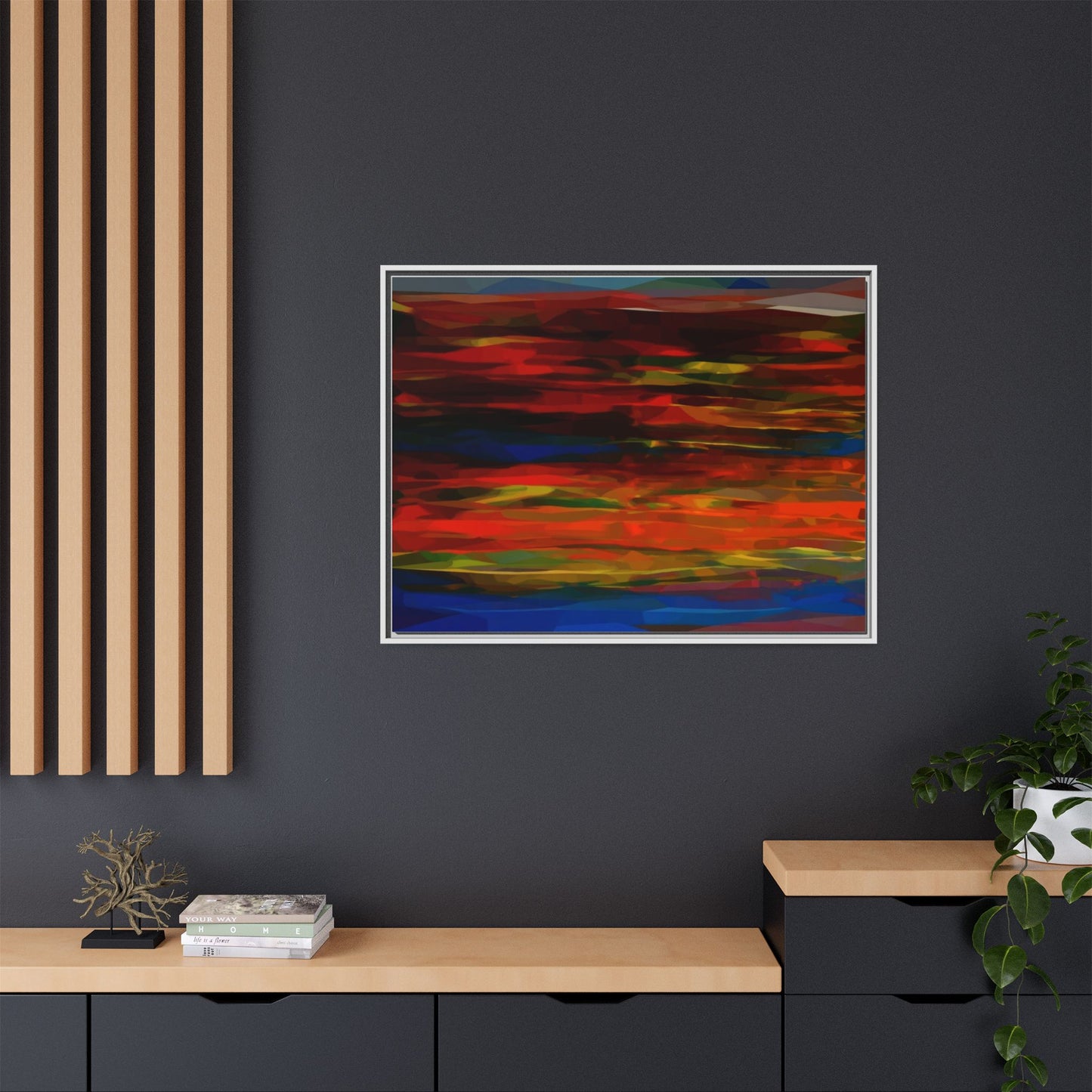 Abstract Multi-Color Matte Canvas Framed Wall Art — Bold Red & Blue Modern Painting