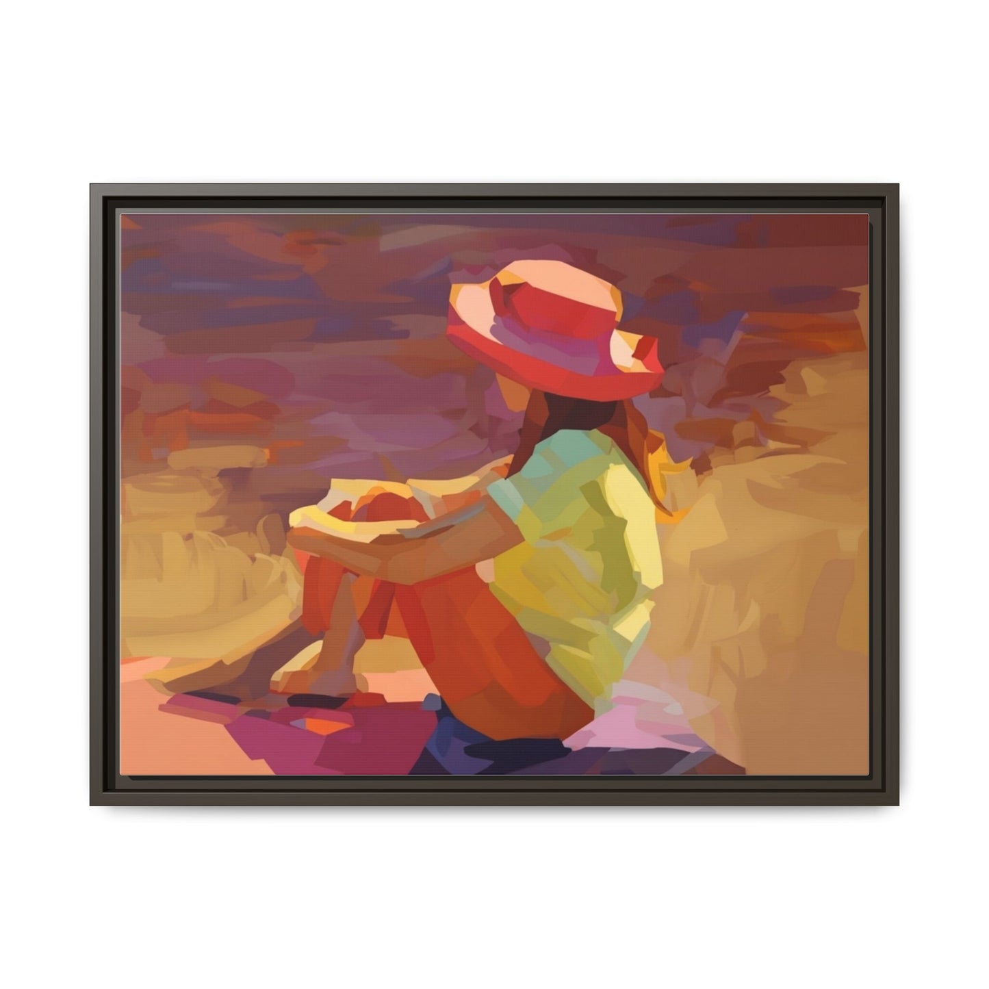 Framed Matte Canvas — Colorful Seated Girl Beach Art