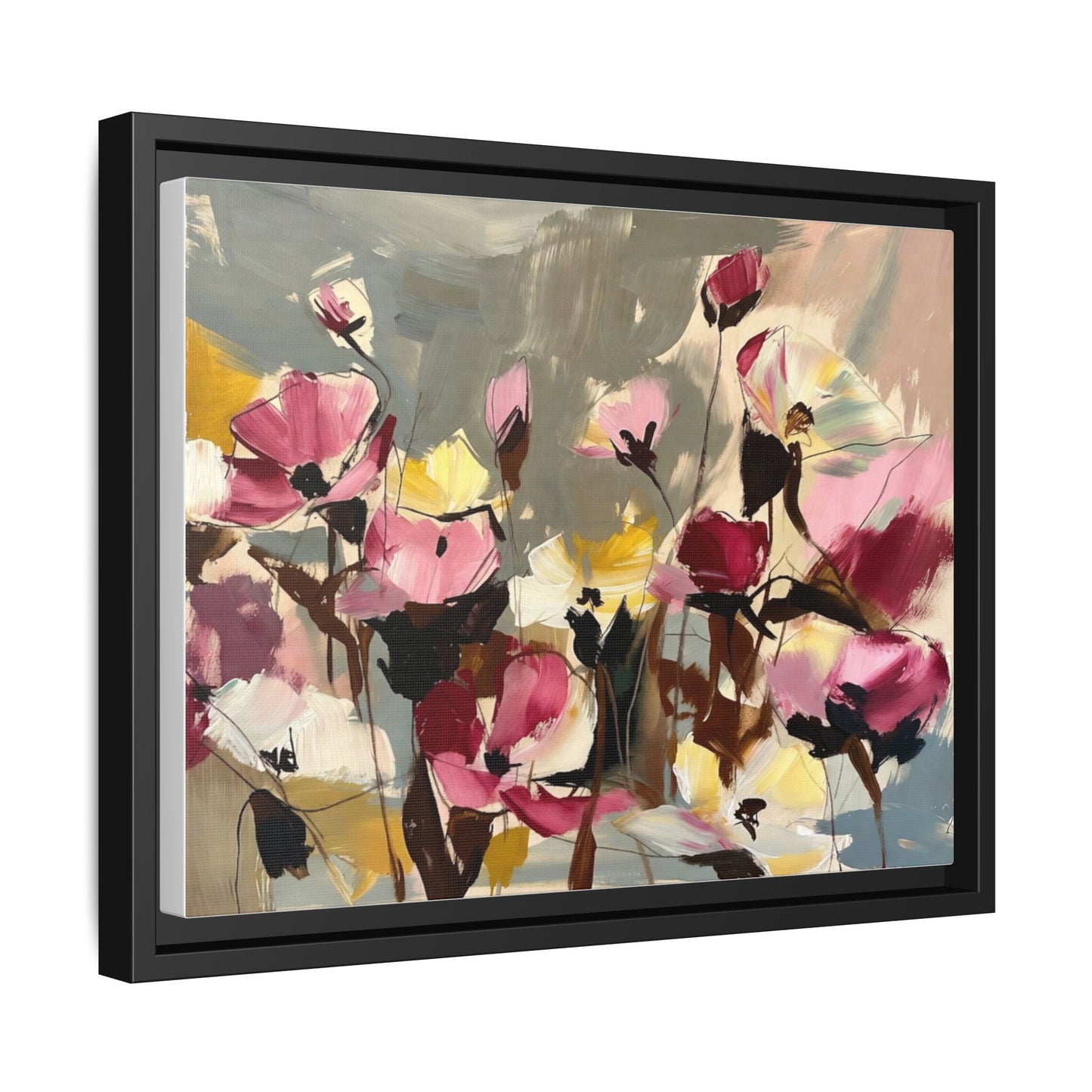 Framed Floral Canvas Wall Art — Abstract Pink & Yellow Flowers