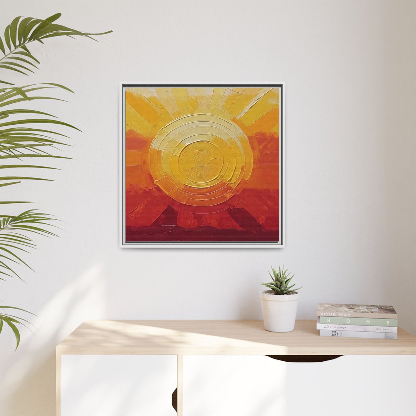 Sunburst Abstract Framed Canvas Art — Matte Multi‑Color Wall Print