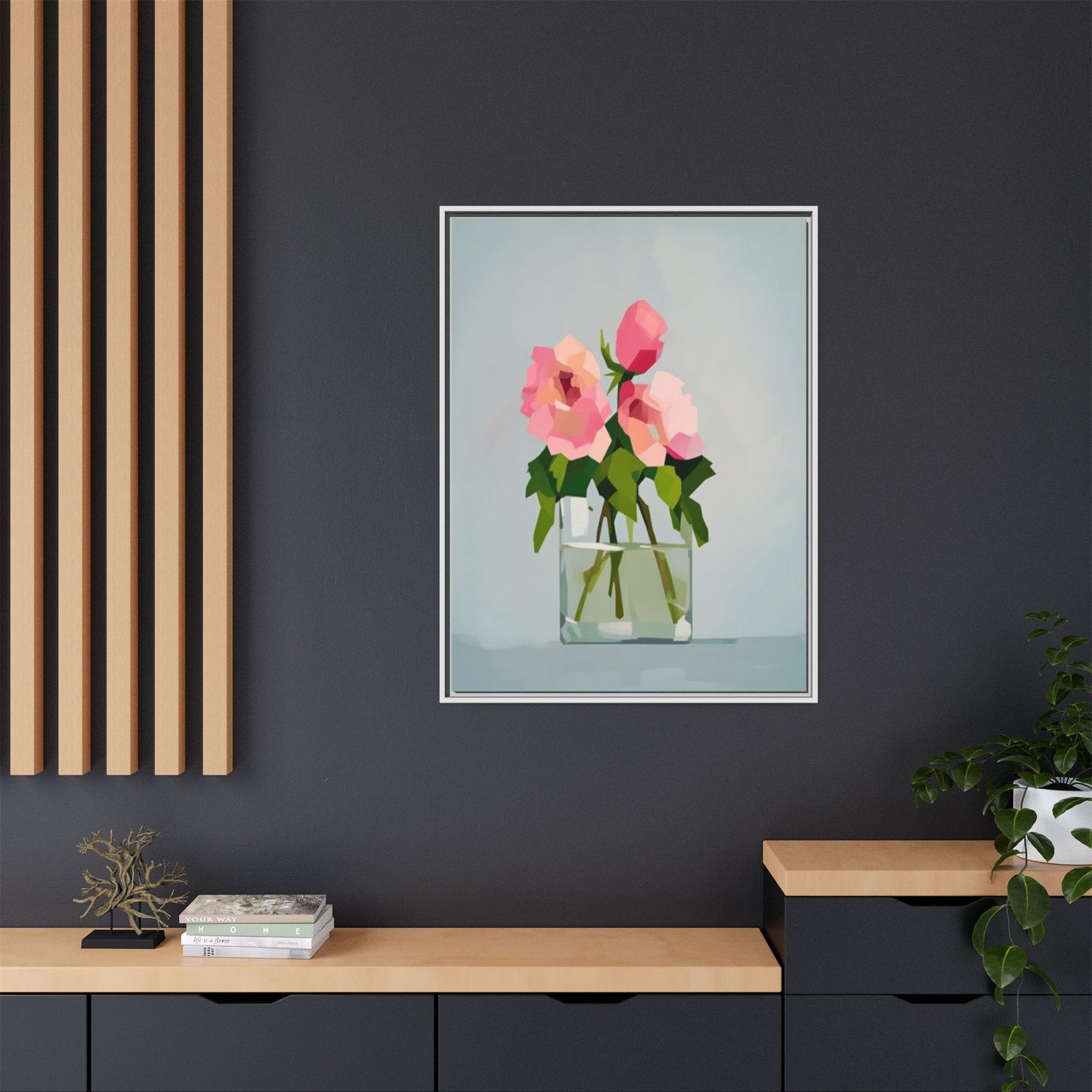 Framed Floral Canvas Print — Pink Roses in Glass Vase (Matte)