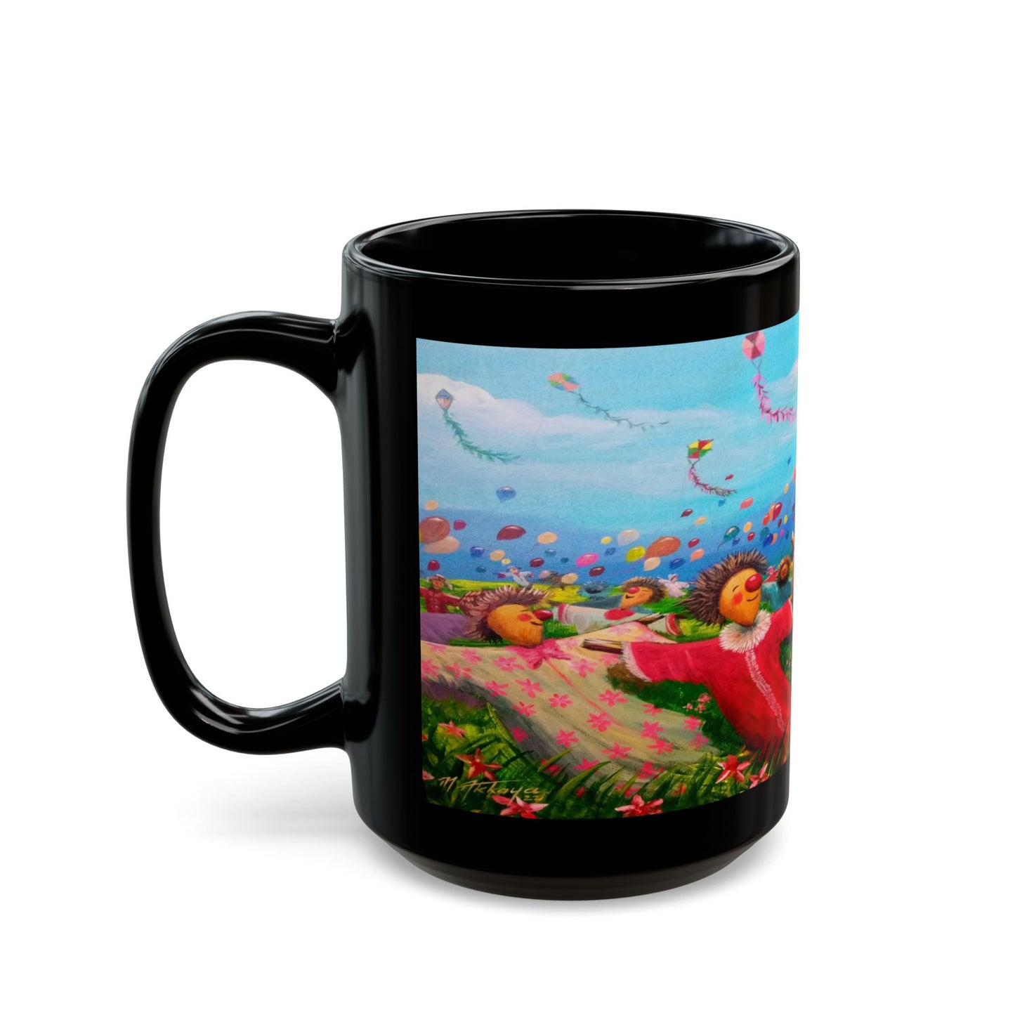 Black Ceramic Mug — Whimsical Kite Festival Art (11oz & 15oz)