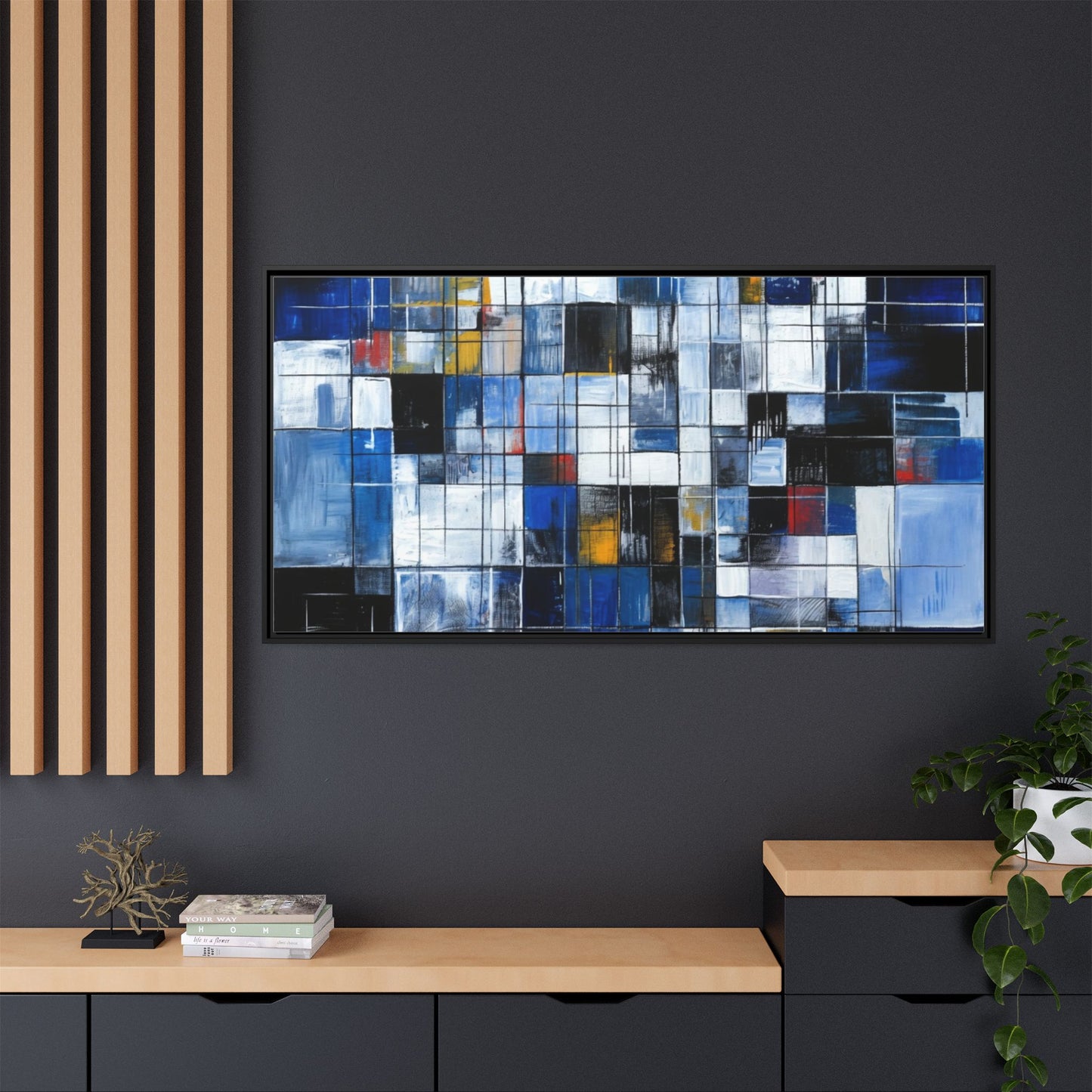 Abstract Blue Grid Matte Canvas Framed Art Print