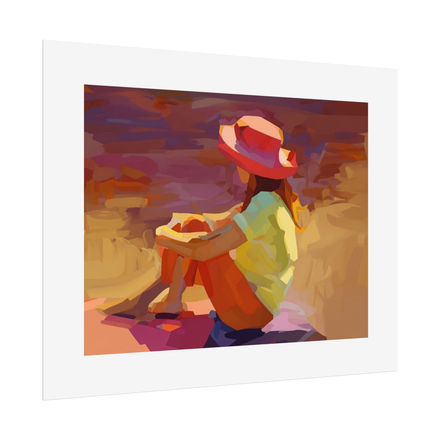 Sunset Daydream Rolled Poster — Colorful Girl in Hat Beach Art Print