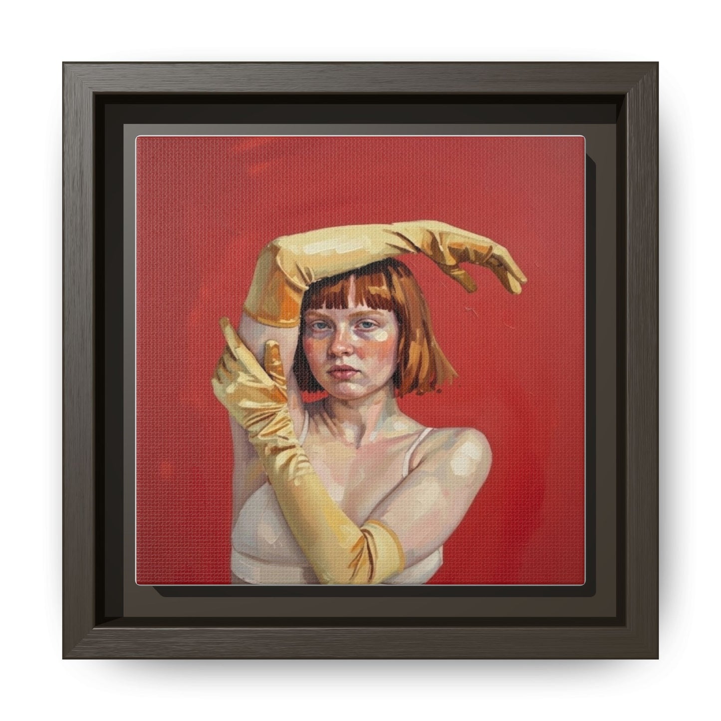 Framed Matte Canvas Art - Portrait of Woman in Yellow Gloves (Red Background)