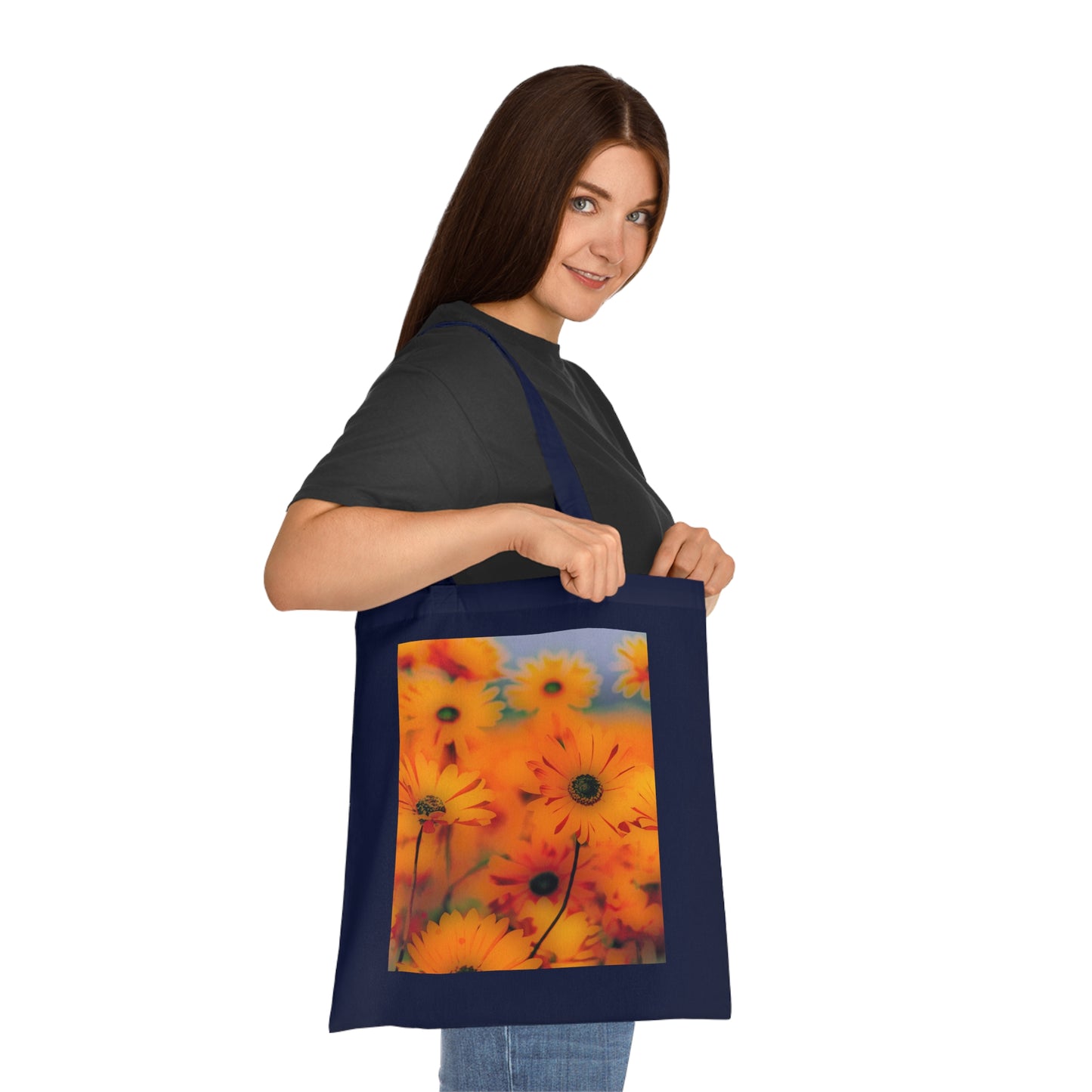 Floral Sunburst Cotton Tote — Bright Orange Daisy Print