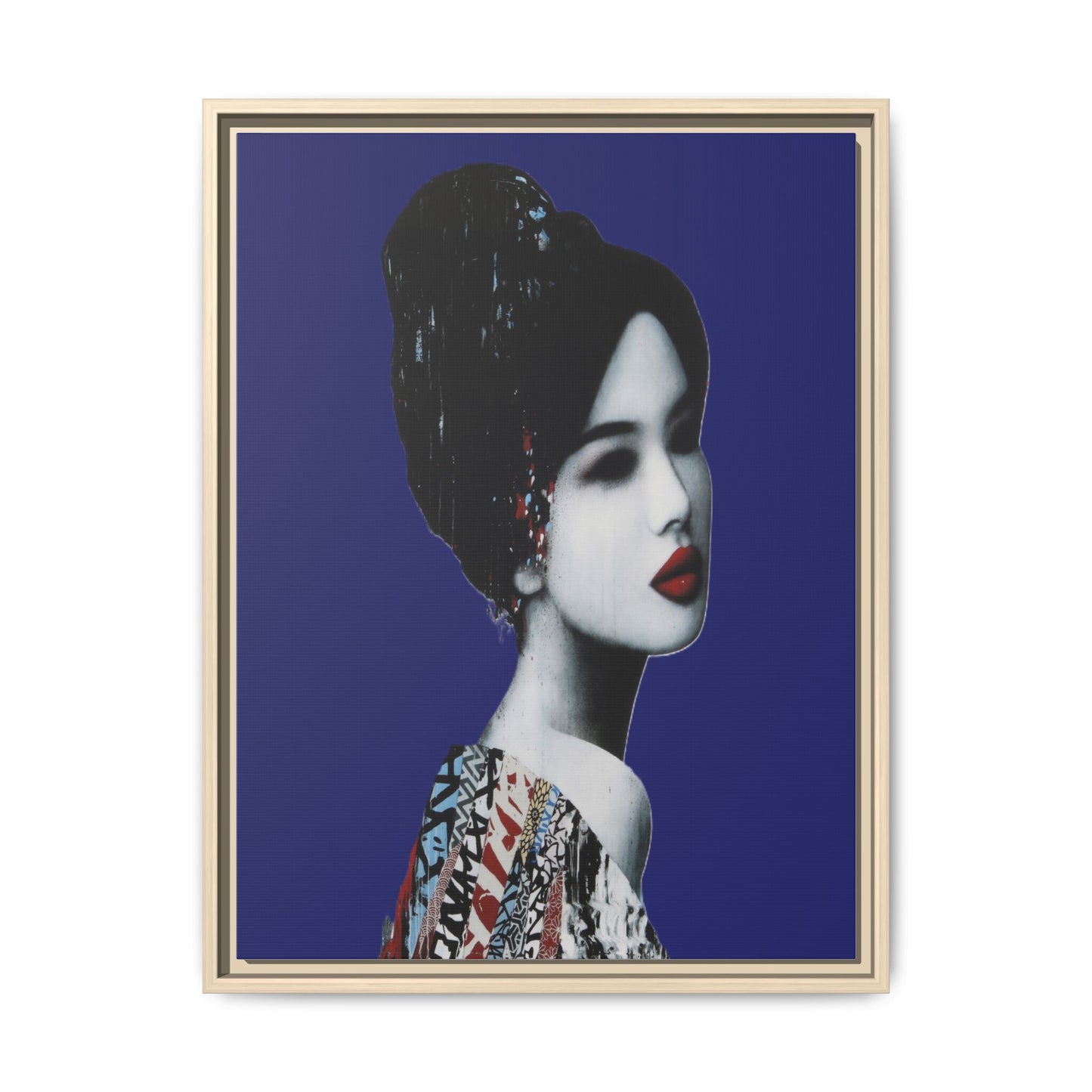 Framed Matte Canvas Art — Elegant Geisha Portrait on Deep Blue