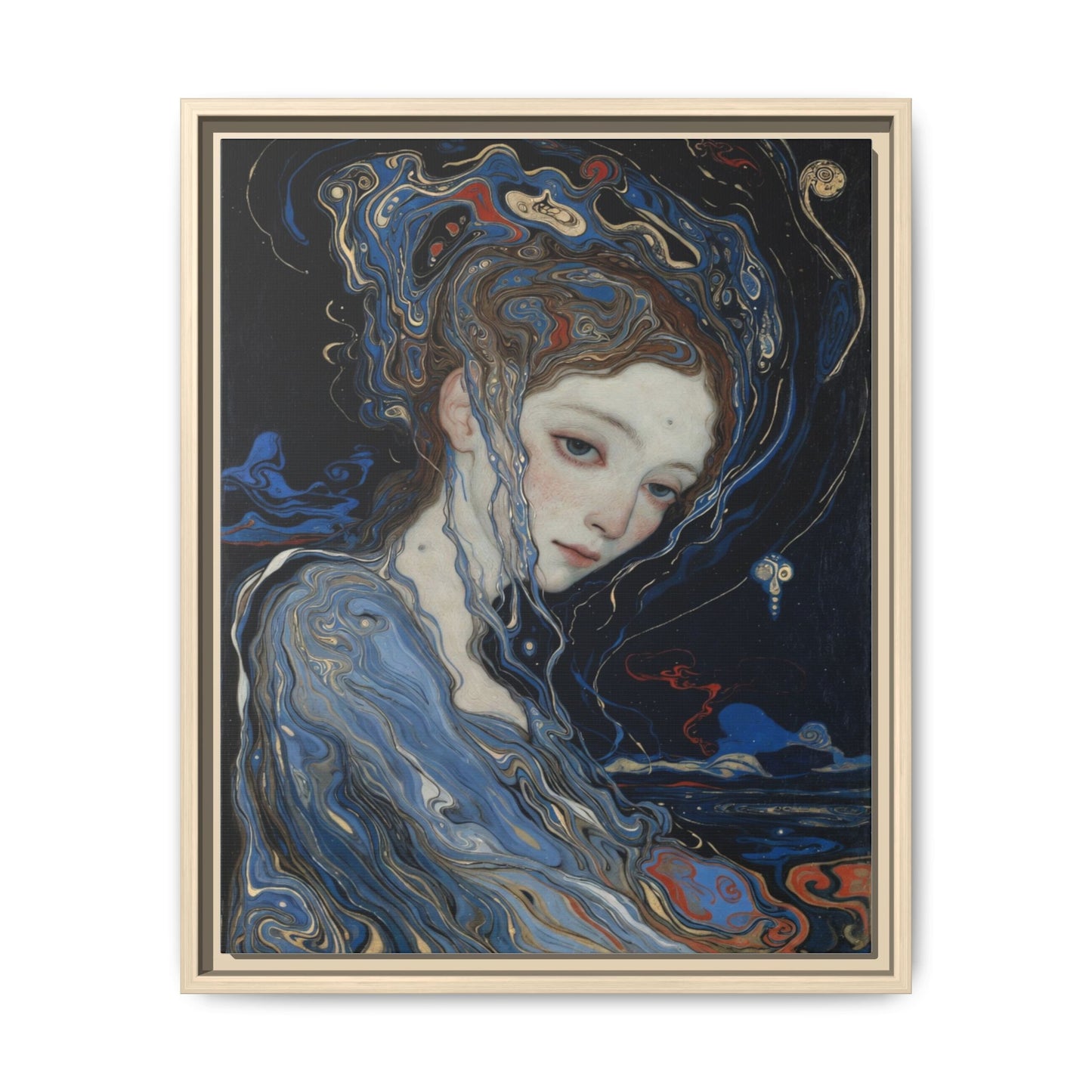 Framed Matte Canvas Art Print — Surreal Blue Maiden Portrait