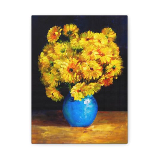 Yellow Chrysanthemum Canvas Wall Art — Blue Vase Floral Painting (Stretched Matte)
