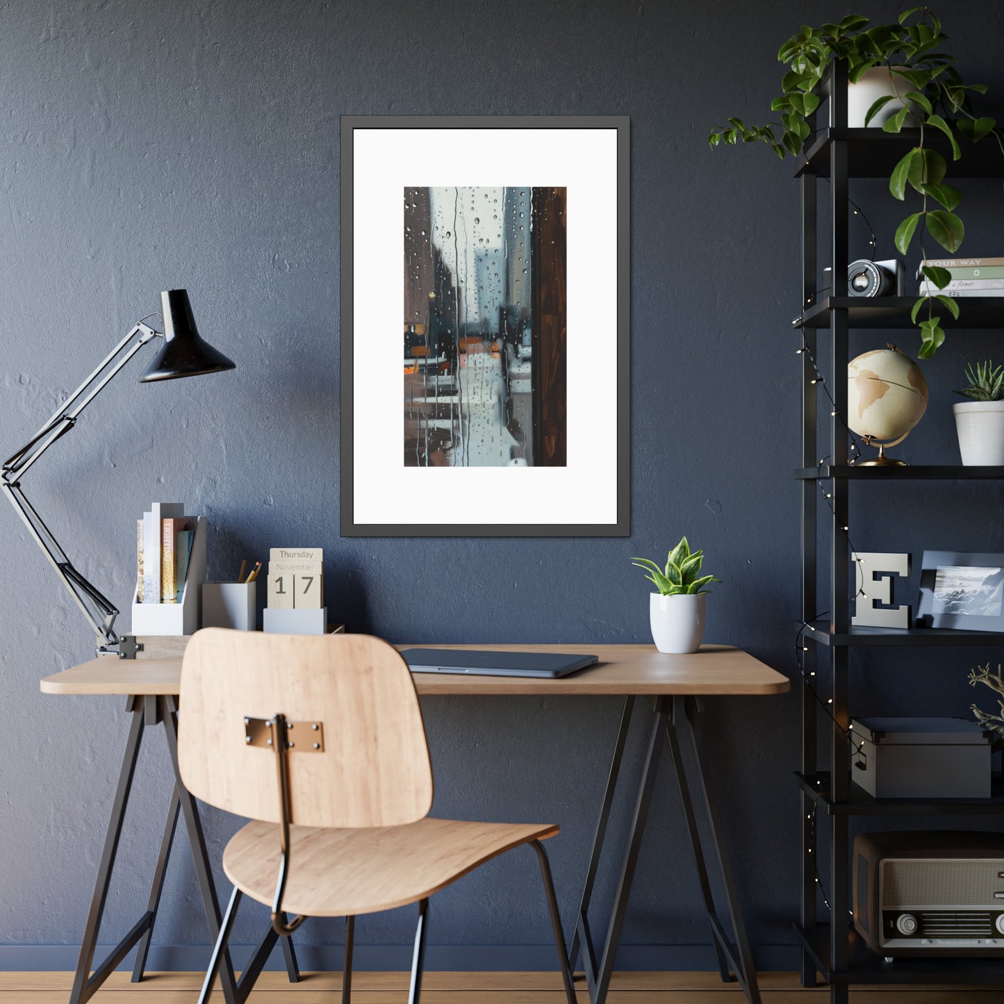 Framed Cityscape Poster — Rainy Window Urban Art Print