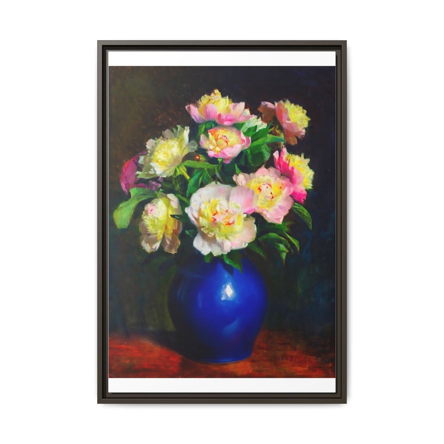 Framed Matte Canvas Wall Art — Vintage Floral Bouquet in Blue Vase