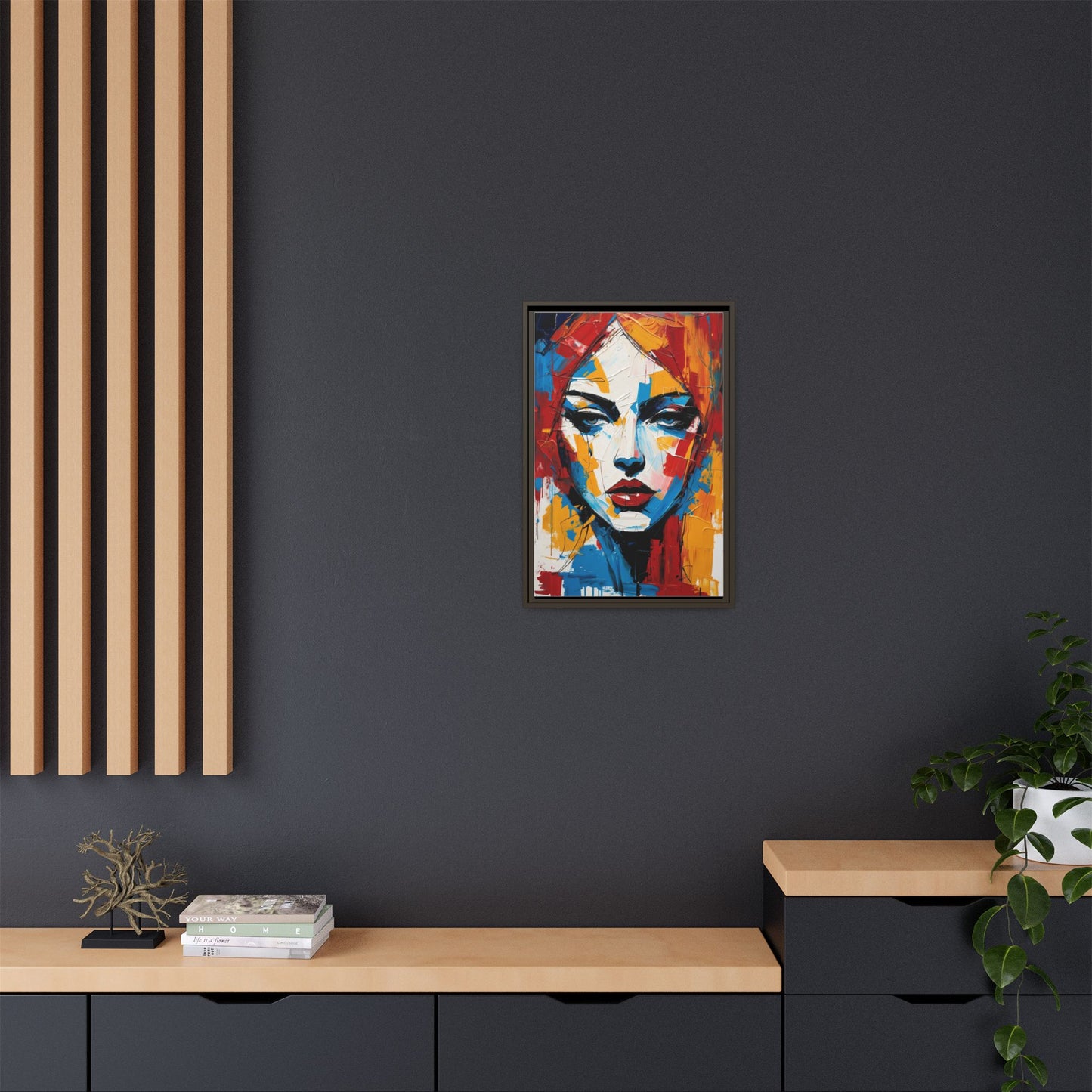 Framed Abstract Portrait Canvas — Colorful Female Face Wall Art