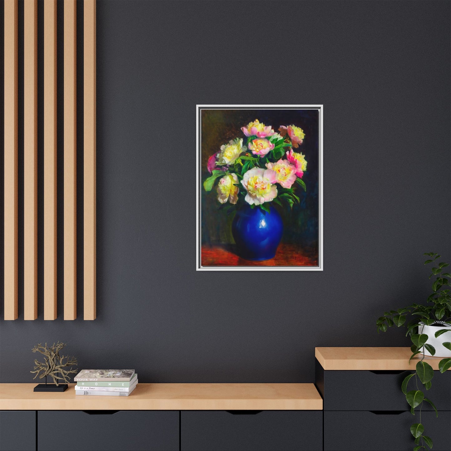 Framed Matte Canvas Wall Art — Vintage Floral Bouquet in Blue Vase
