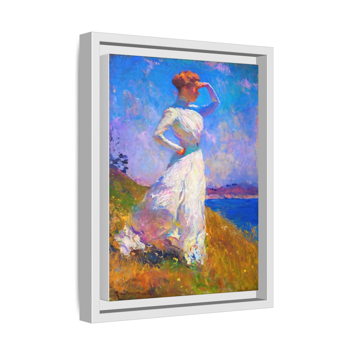 Framed Matte Canvas Art - Woman in White Seaside Impressionist Print