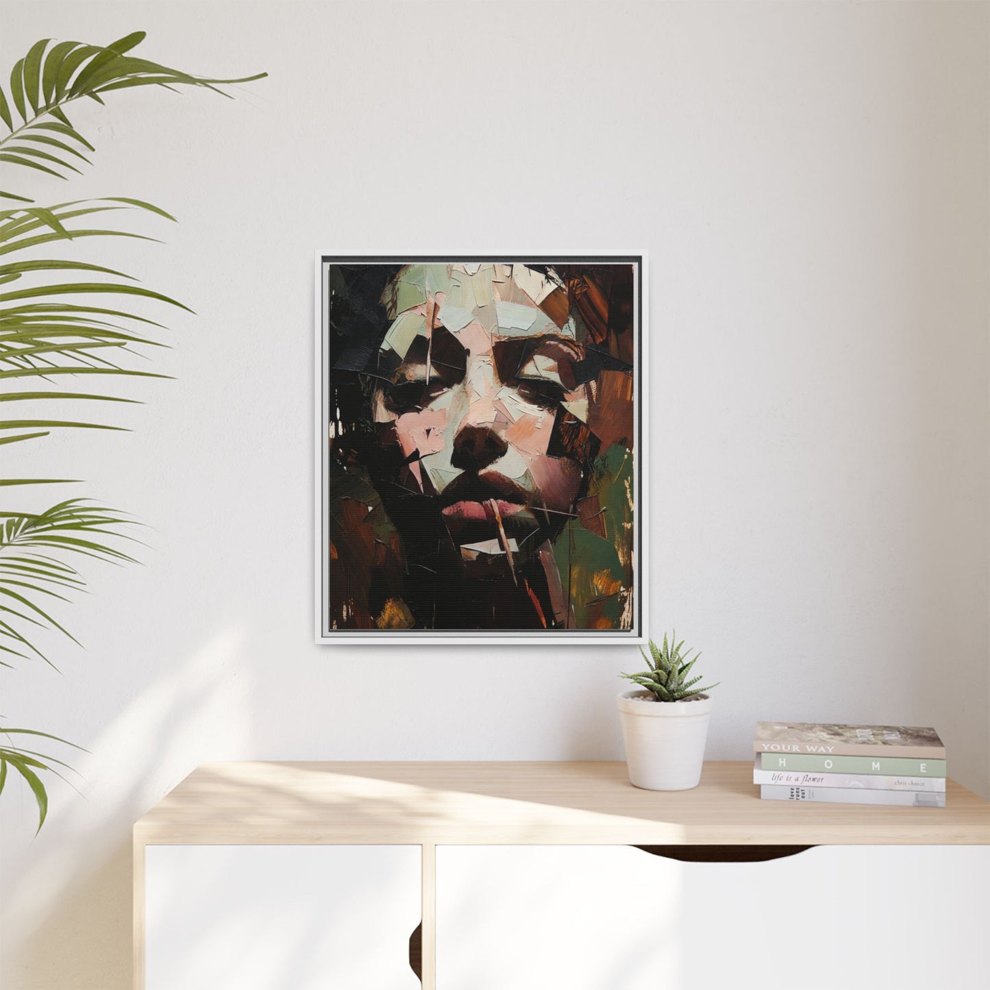 Matte Framed Canvas Art — Abstract Female Portrait, Moody Multicolor
