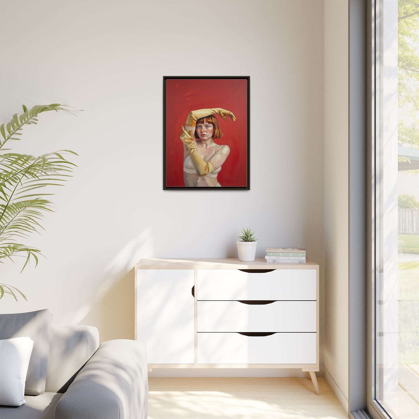Framed Matte Canvas Art - Portrait of Woman in Yellow Gloves (Red Background)