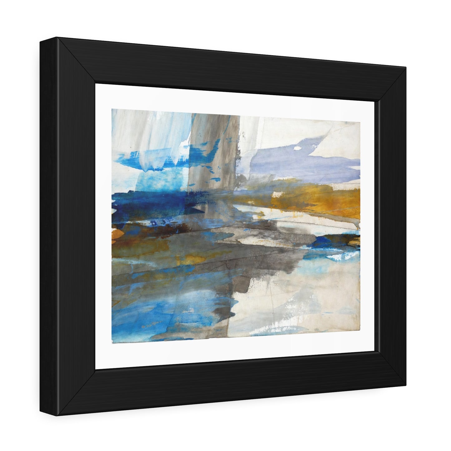 Abstract Coastal Waterscape Framed Poster — Blue & Gold Modern Wall Art