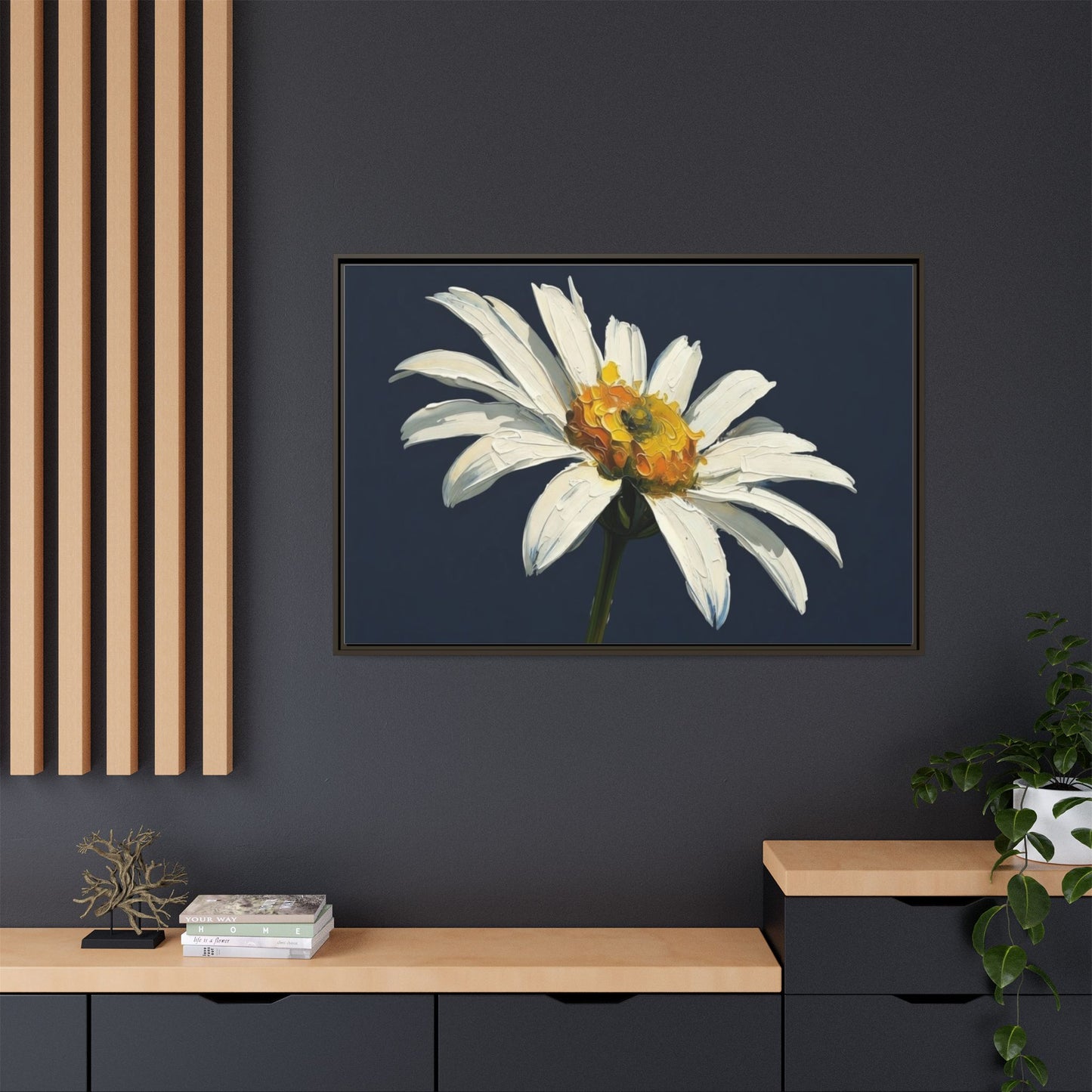 Framed Matte Canvas Daisy Wall Art — White Floral Painting on Navy