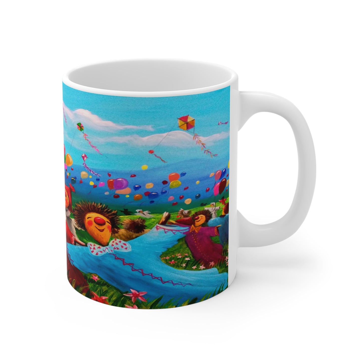11oz Mug — Colorful Folk Art Kids Playing with Kites & Balloons Ceramic Coffee Cup