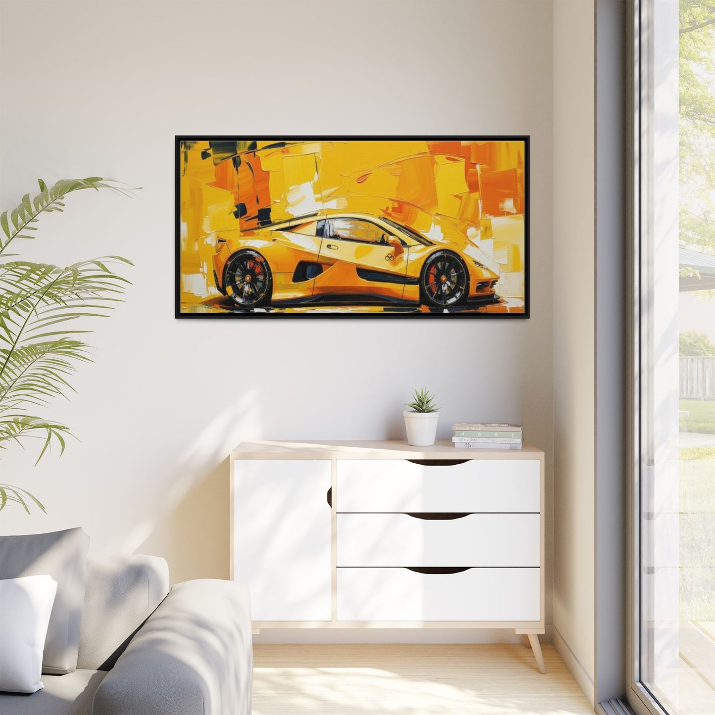 Yellow Sports Car Abstract Matte Canvas Framed Print