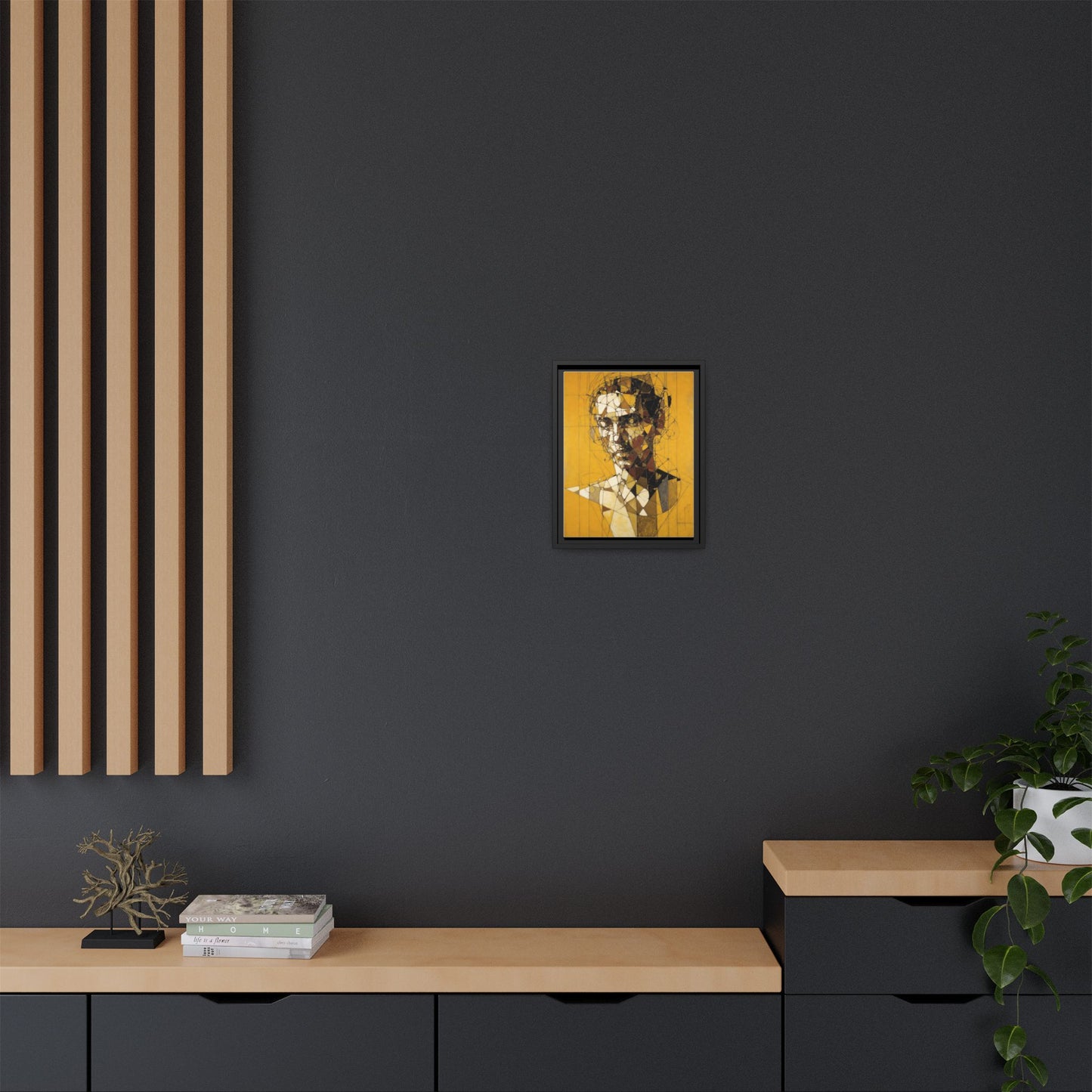 Framed Matte Canvas Art - Abstract Geometric Portrait on Mustard Yellow