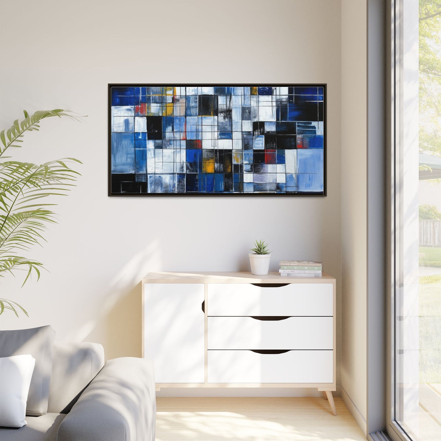 Abstract Blue Grid Matte Canvas Framed Art Print