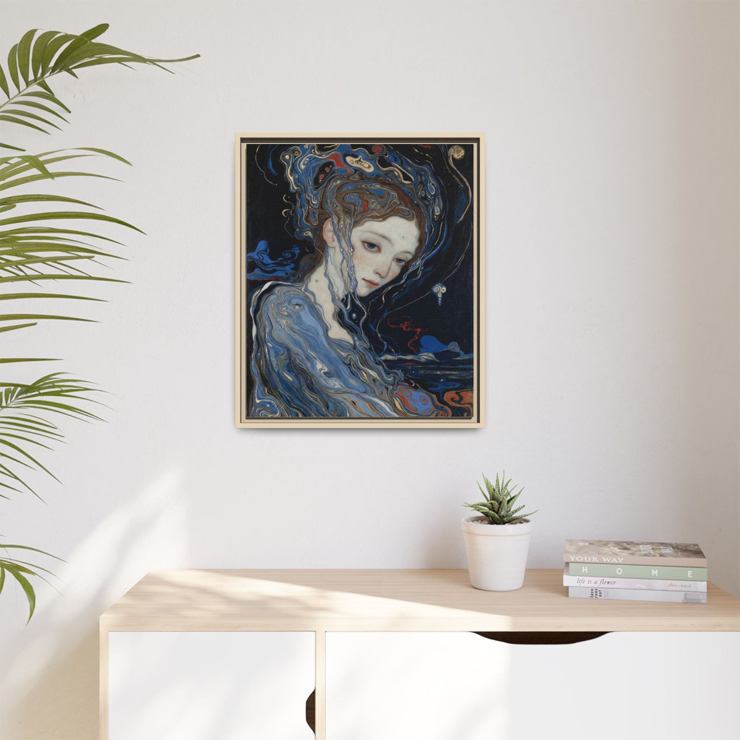 Framed Matte Canvas Art Print — Surreal Blue Maiden Portrait