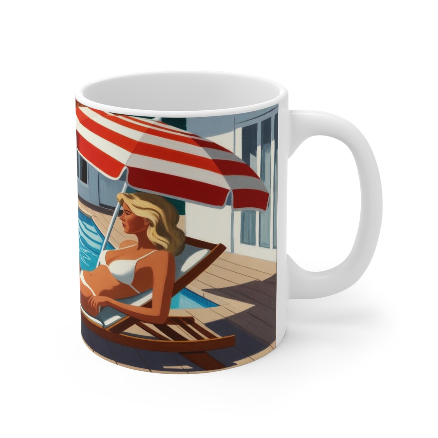 Poolside Retro Art Mug — Vintage Woman Lounging by the Pool