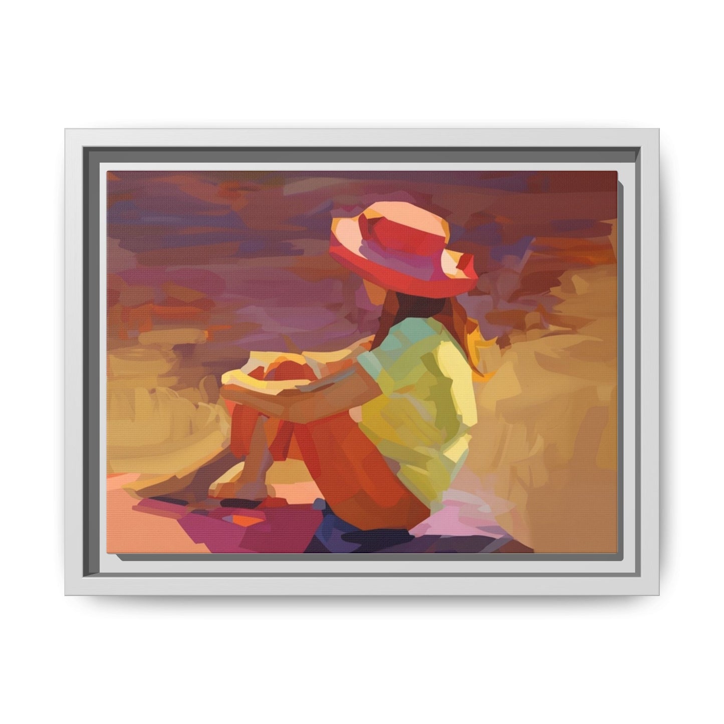 Framed Matte Canvas — Colorful Seated Girl Beach Art