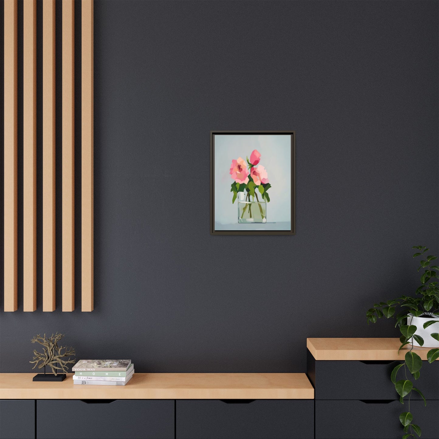 Framed Floral Canvas Print — Pink Roses in Glass Vase (Matte)