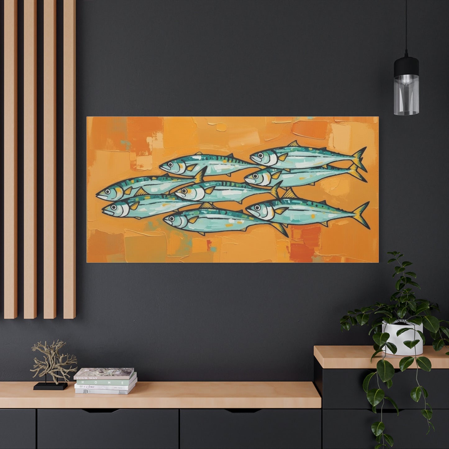 School of Mackerel Canvas Wall Art — Nautical Fish Painting on Orange Background
