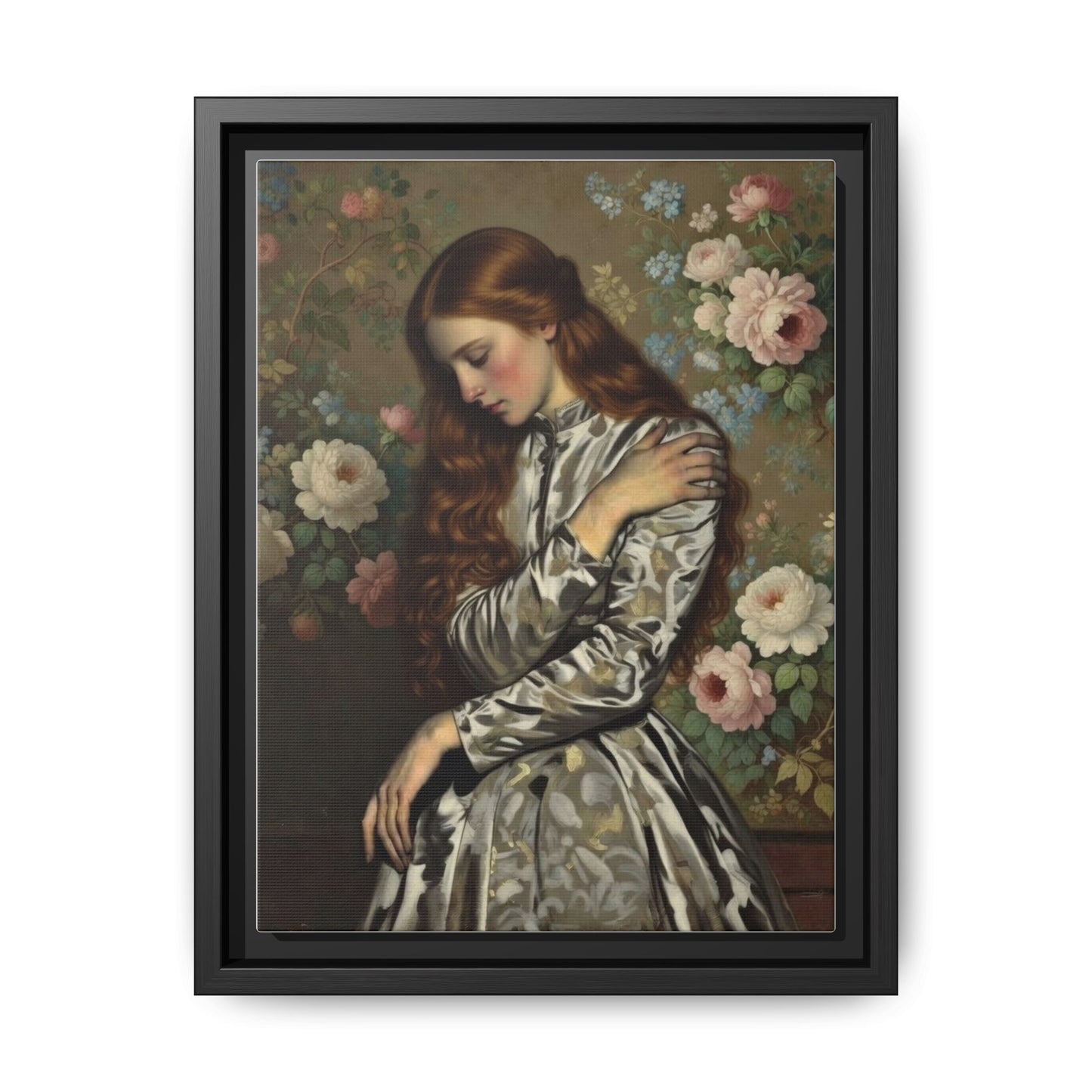 Framed Matte Canvas Art — Vintage Floral Portrait of a Young Woman