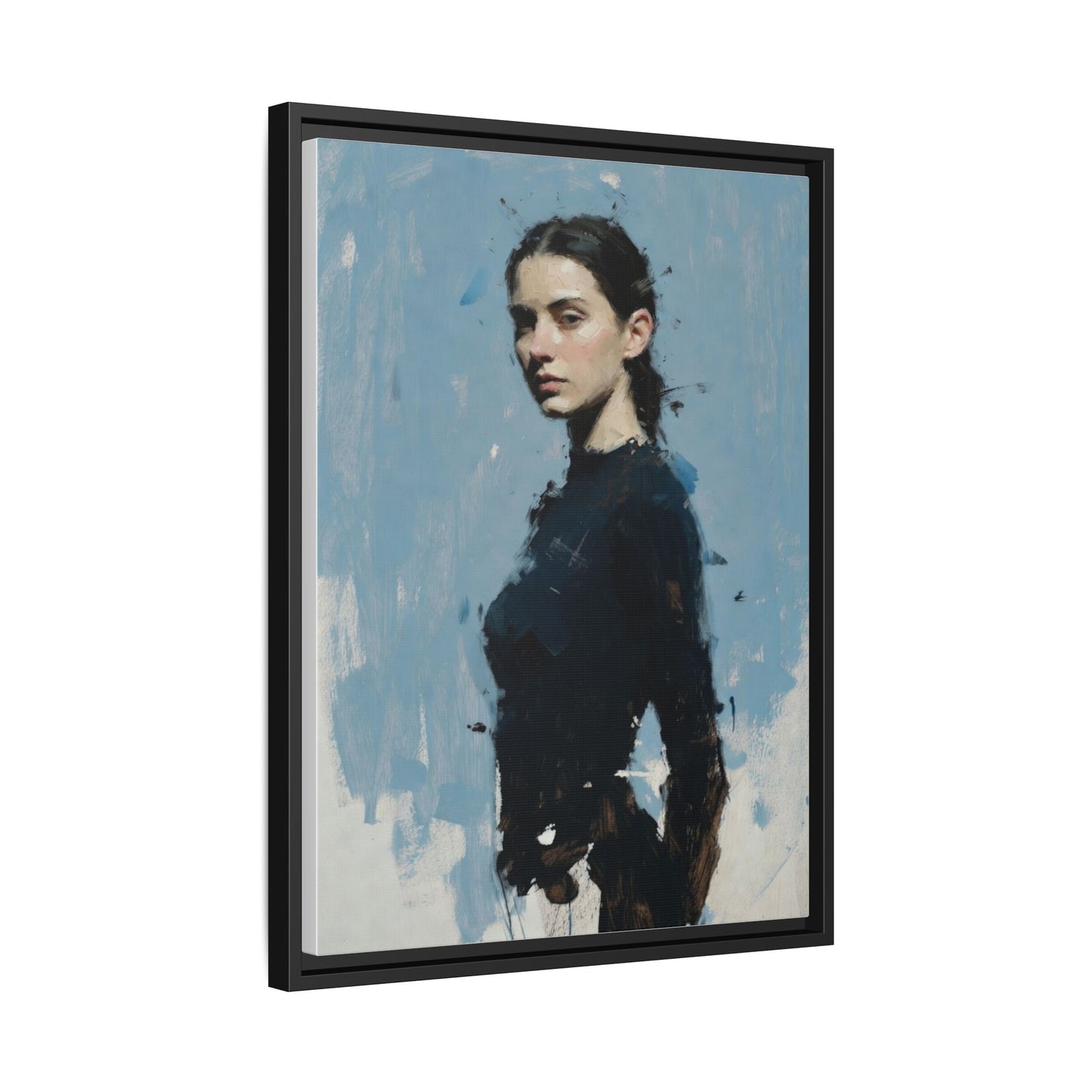 Framed Matte Canvas Portrait Print — Elegant Blue Woman Art