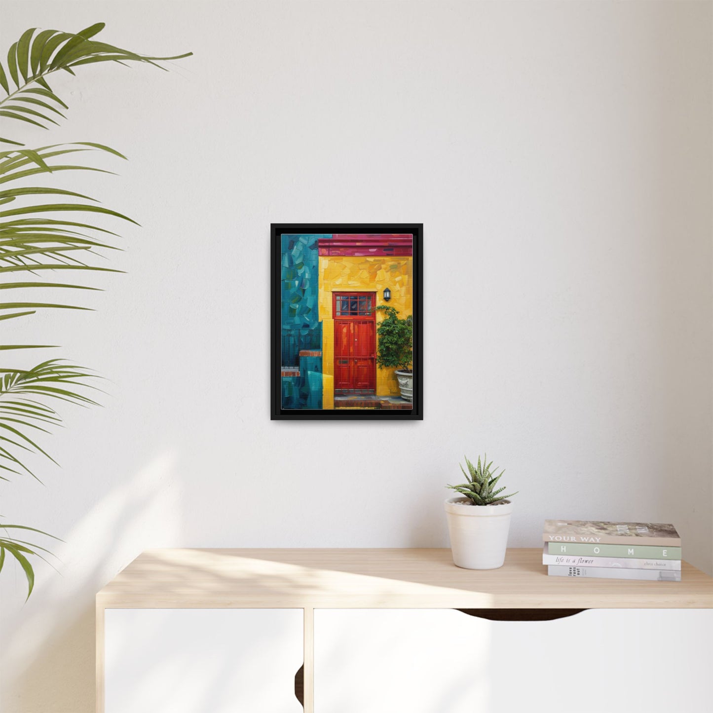 Framed Matte Canvas Wall Art — Colorful Red Door on Yellow Facade