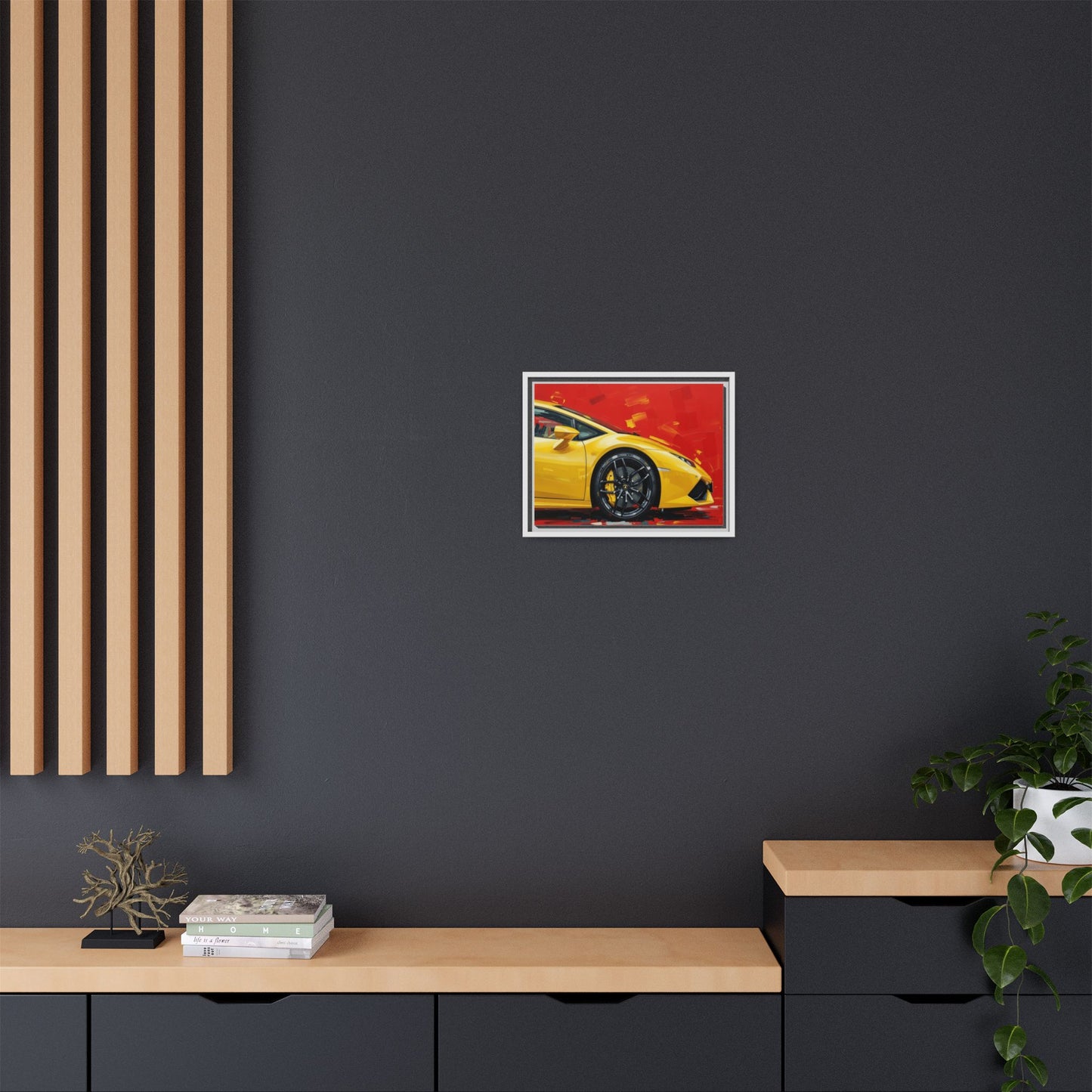 Yellow Sports Car Matte Canvas Print — Framed Automotive Wall Art