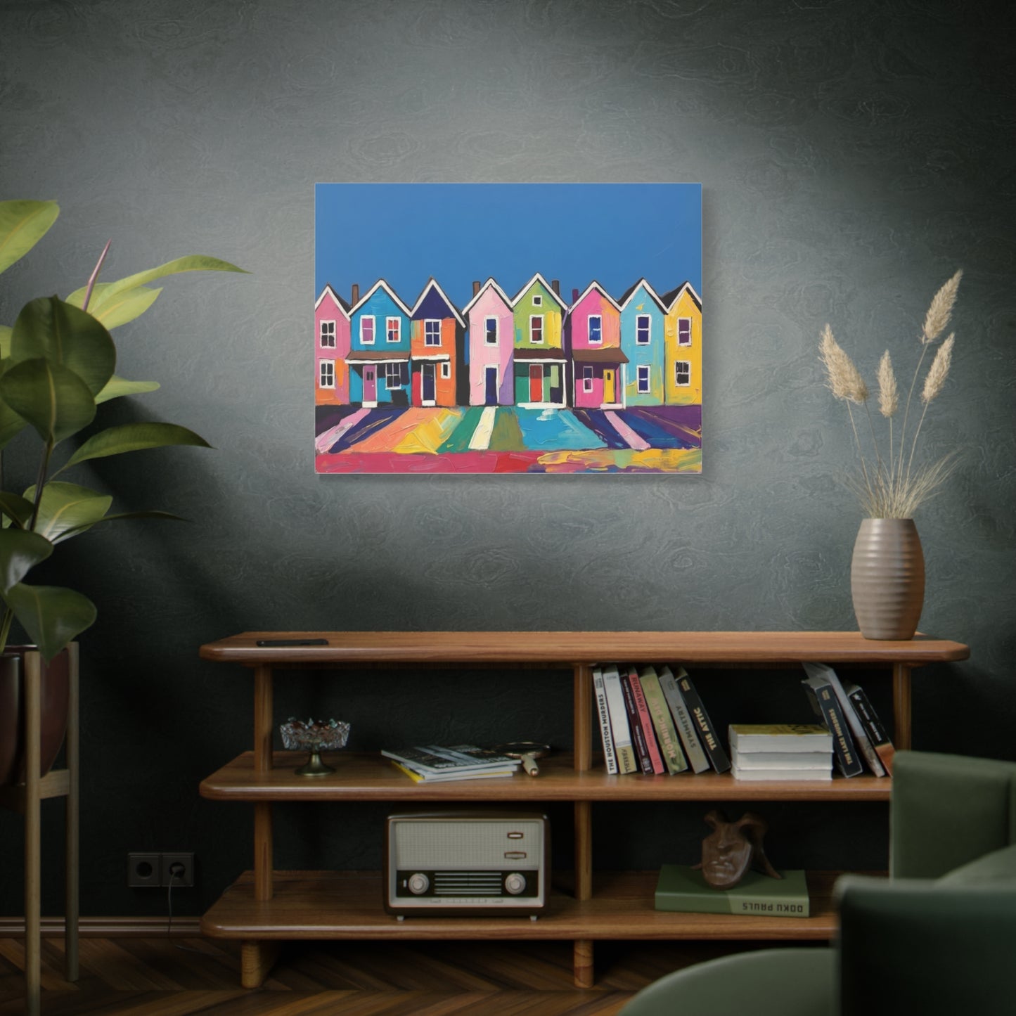 Colorful Row Houses Matte Canvas Print Vibrant Coastal Neighborhood Wall Art