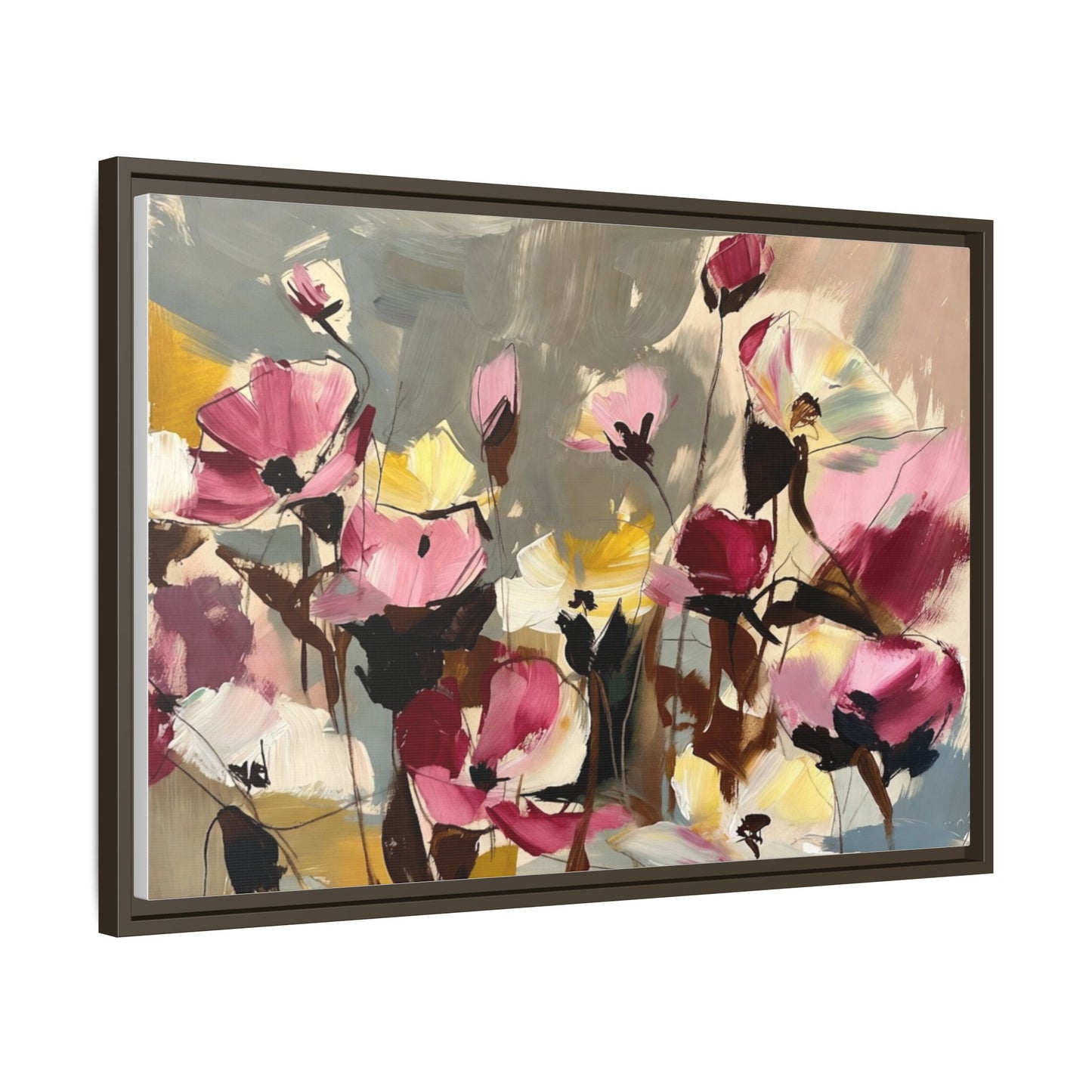 Framed Floral Canvas Wall Art — Abstract Pink & Yellow Flowers