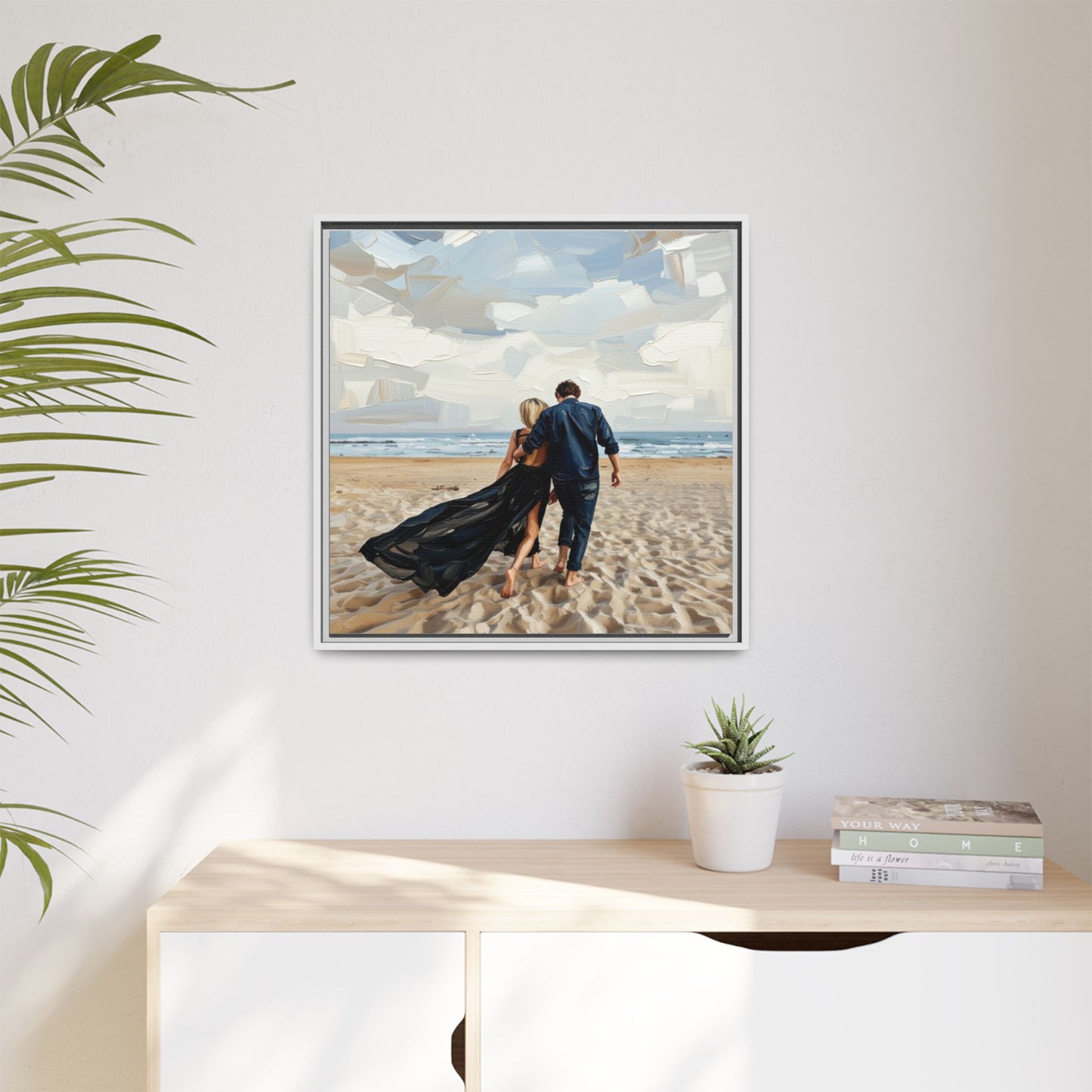 Framed Canvas Wall Art — Romantic Couple Walking on Beach Print