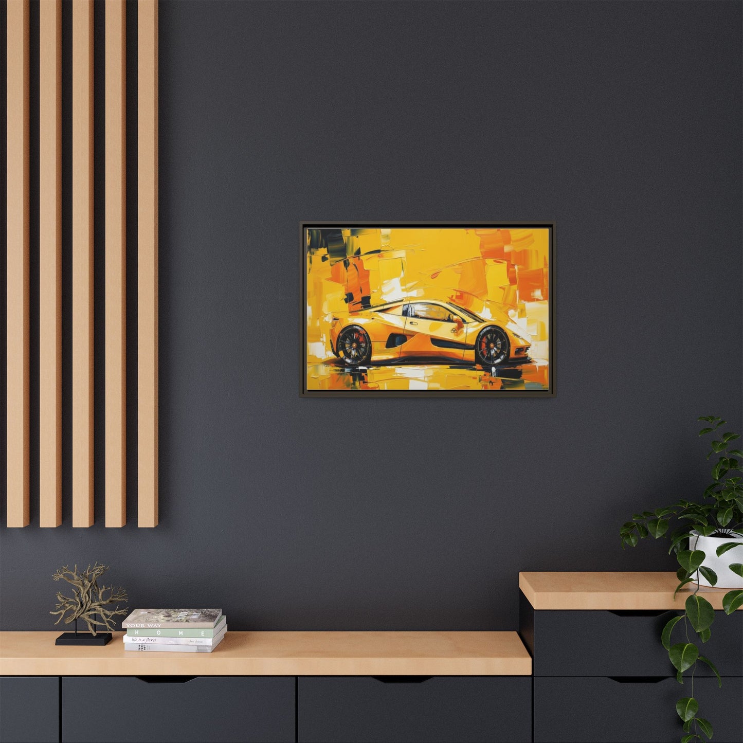 Yellow Sports Car Abstract Matte Canvas Framed Print