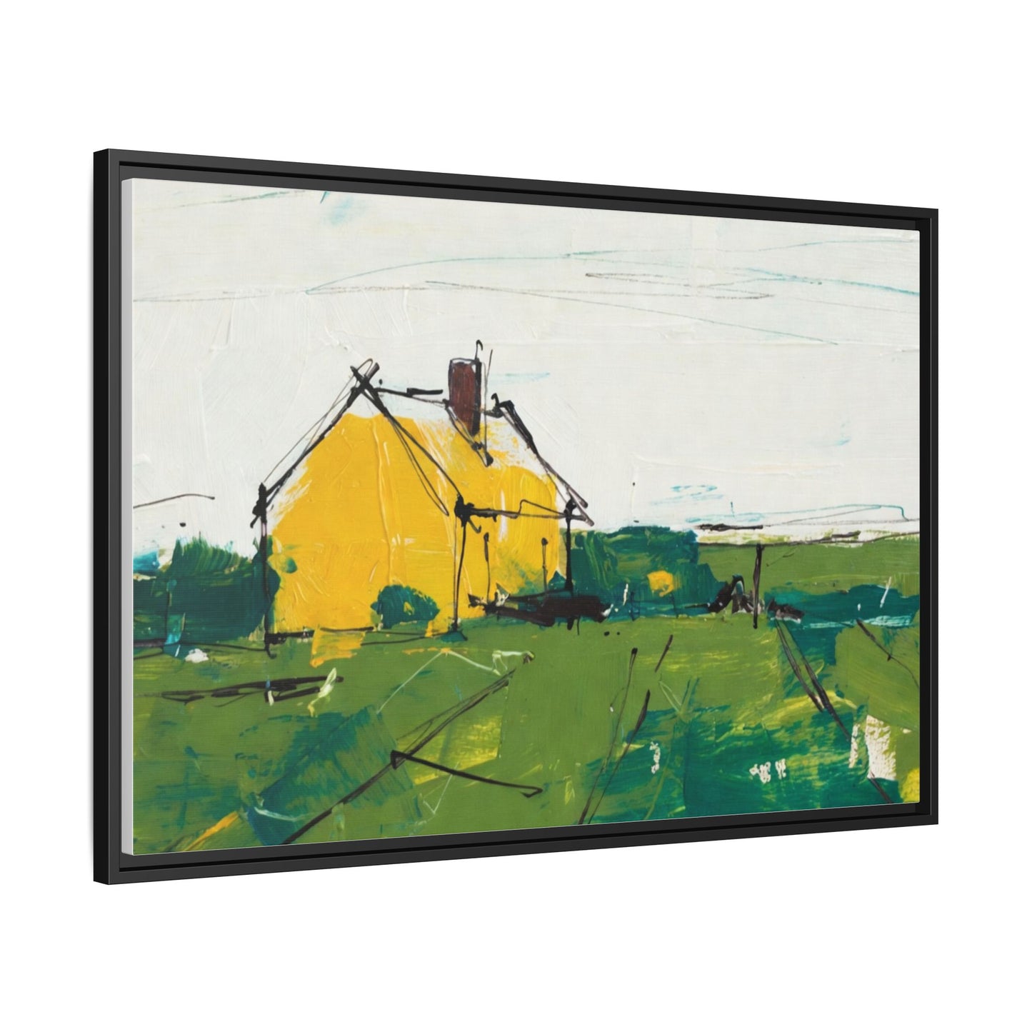 Yellow Cottage Landscape Framed Canvas Print