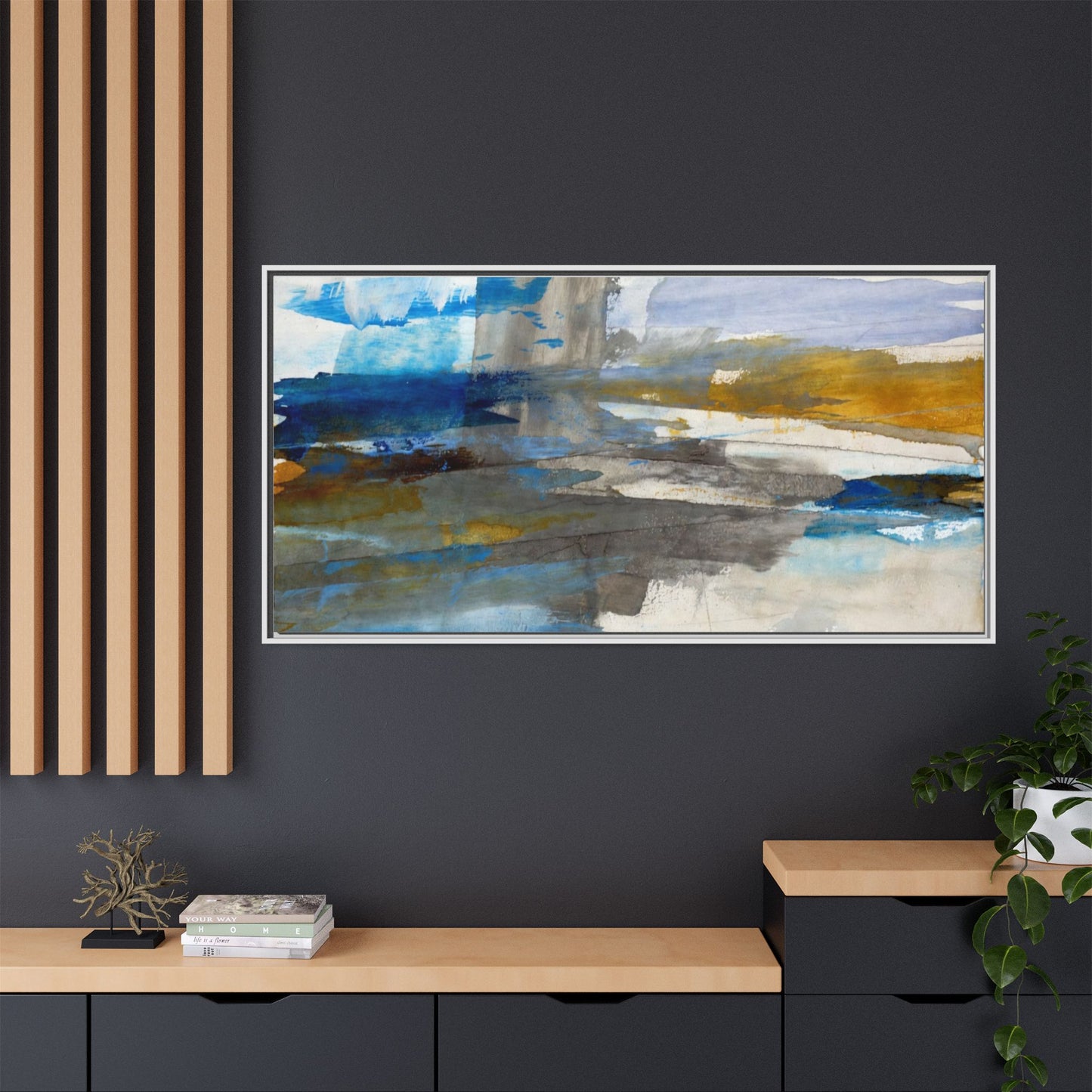 Abstract Blue & Gold Framed Canvas Art — Matte Multi-Color Wall Print