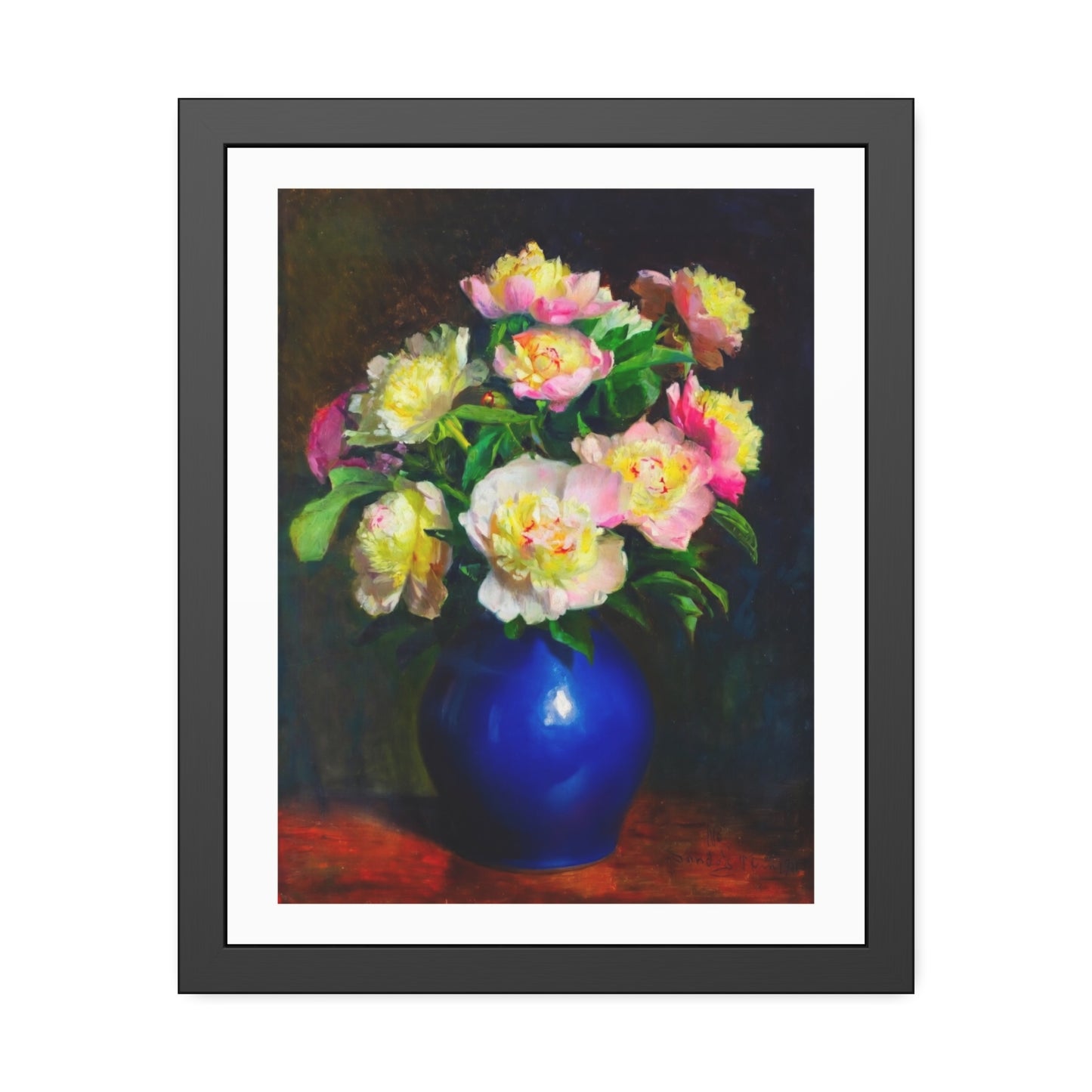 Framed Floral Poster — Pink Peonies in Blue Vase Wall Art