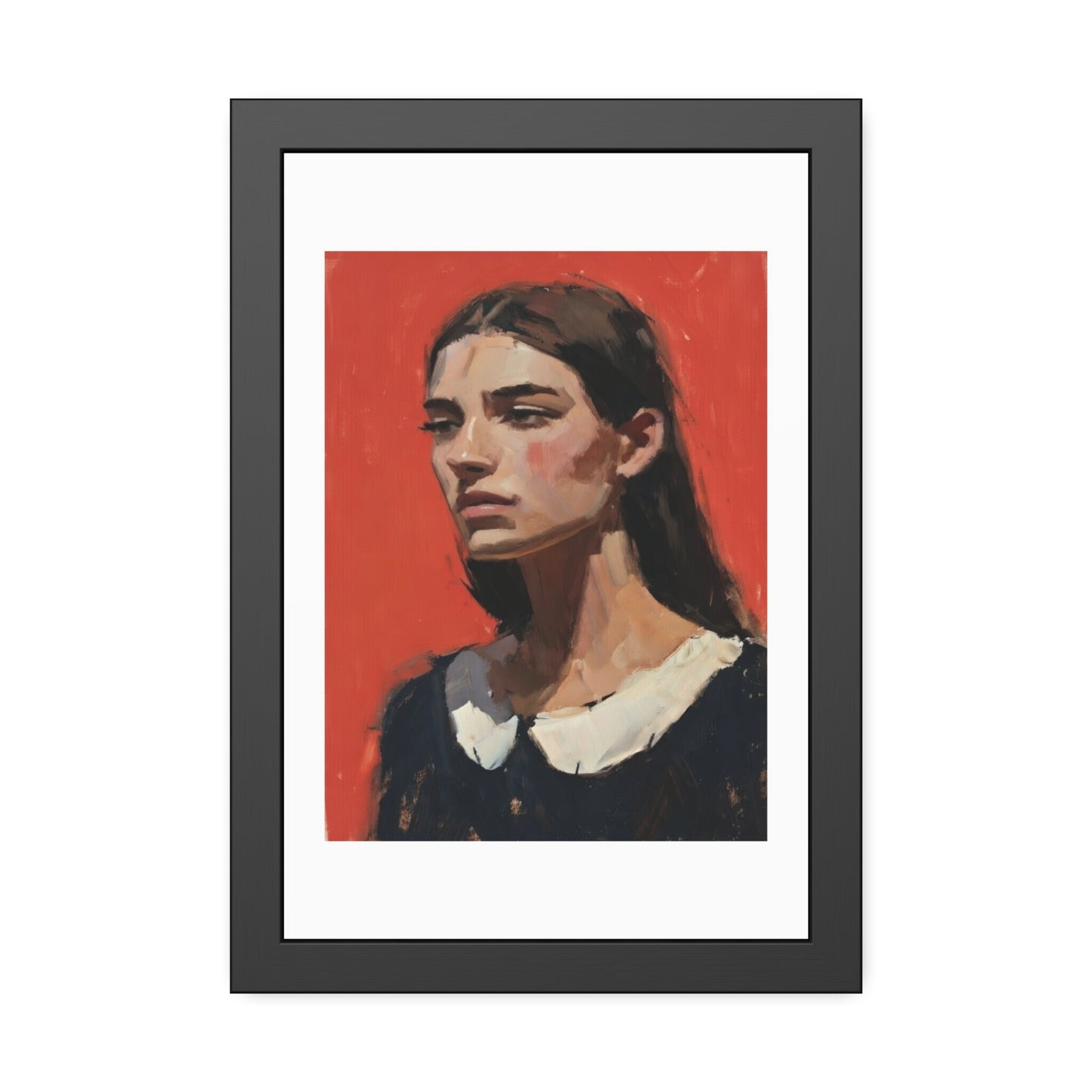 Framed Art Print — Distant Woman Portrait Painting on Red Background